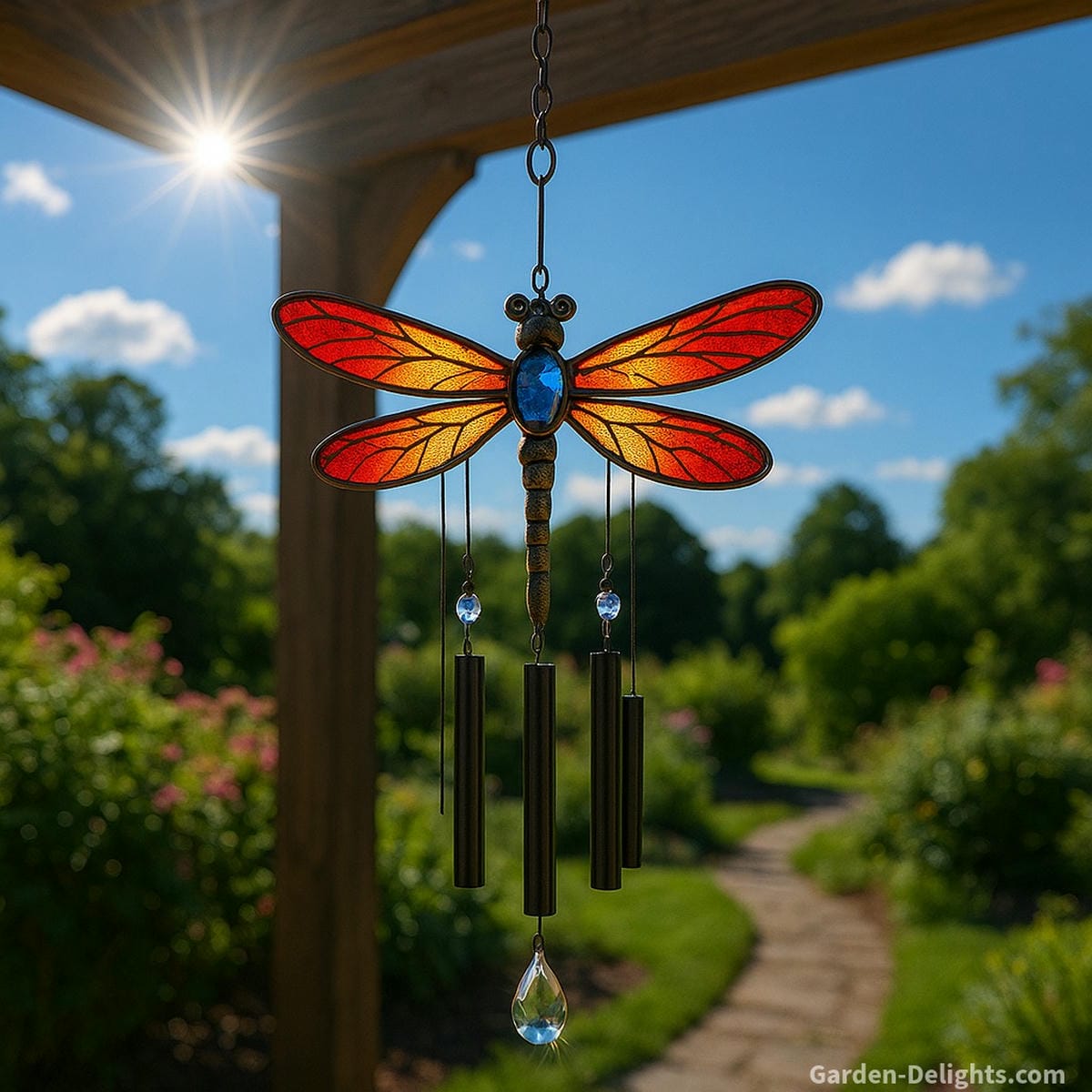 dragonfly wind chimes under pergola with sunlight
