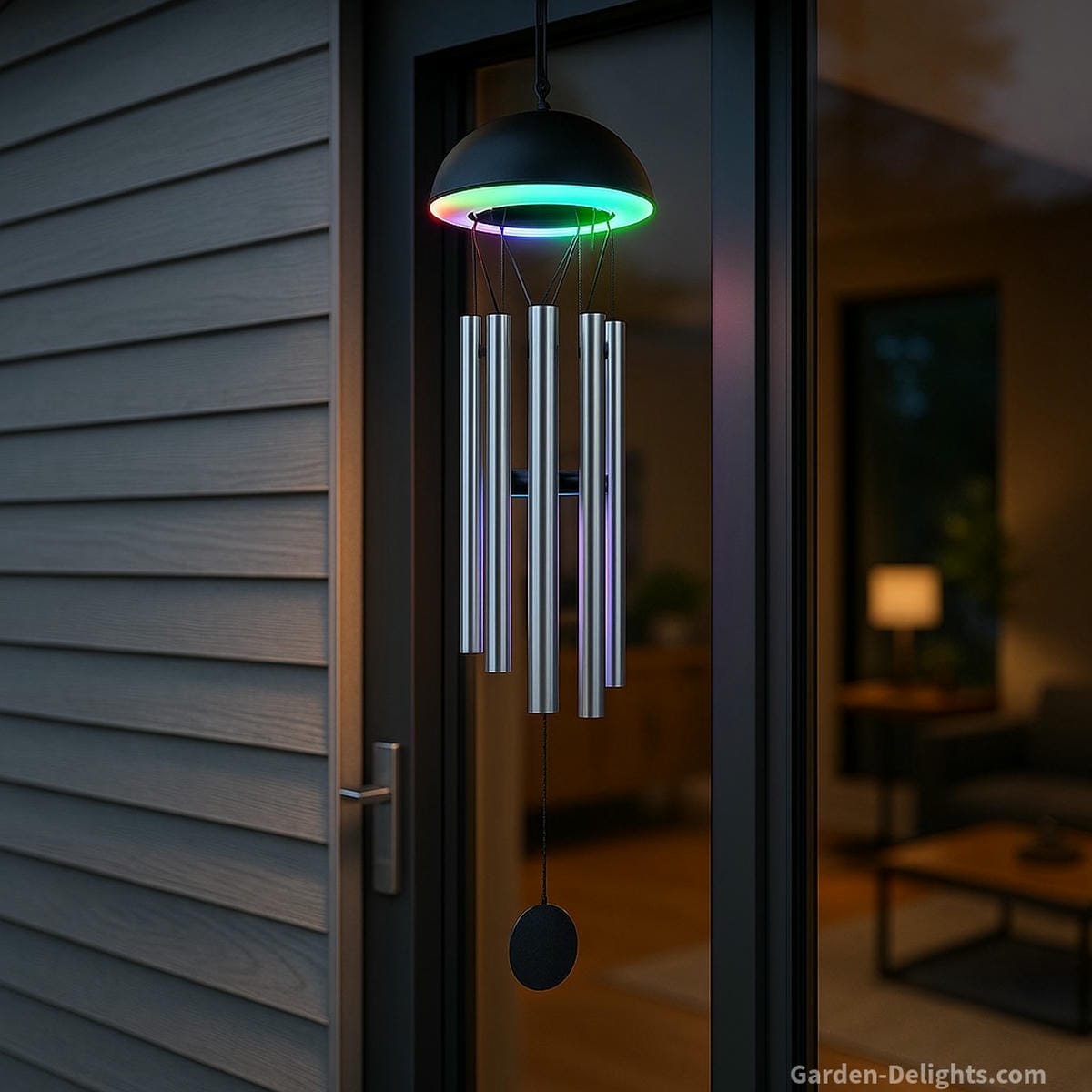 Modern electric wind chime with Bluetooth connection, silver aluminum tubes, and glowing RGB LED lights hanging near a glass door at a smart home entrance