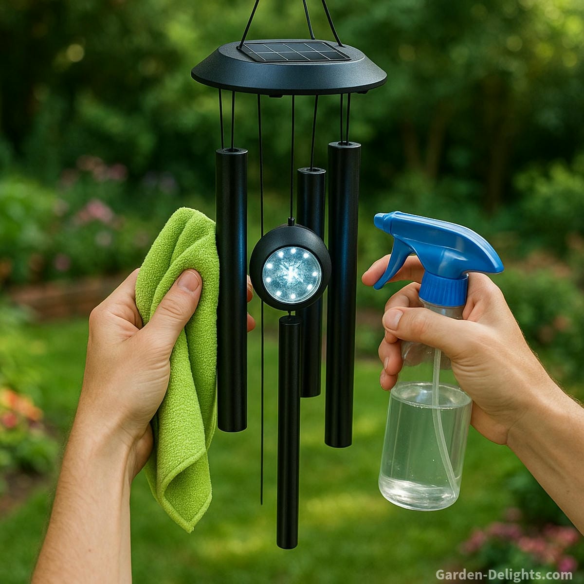 Electric wind chimes being cleaned with microfiber cloths and eco-safe sprays protecting LED lights, solar panels, and programmable sound units while preserving Feng Shui balance, emotional symbolism, and garden serenity.