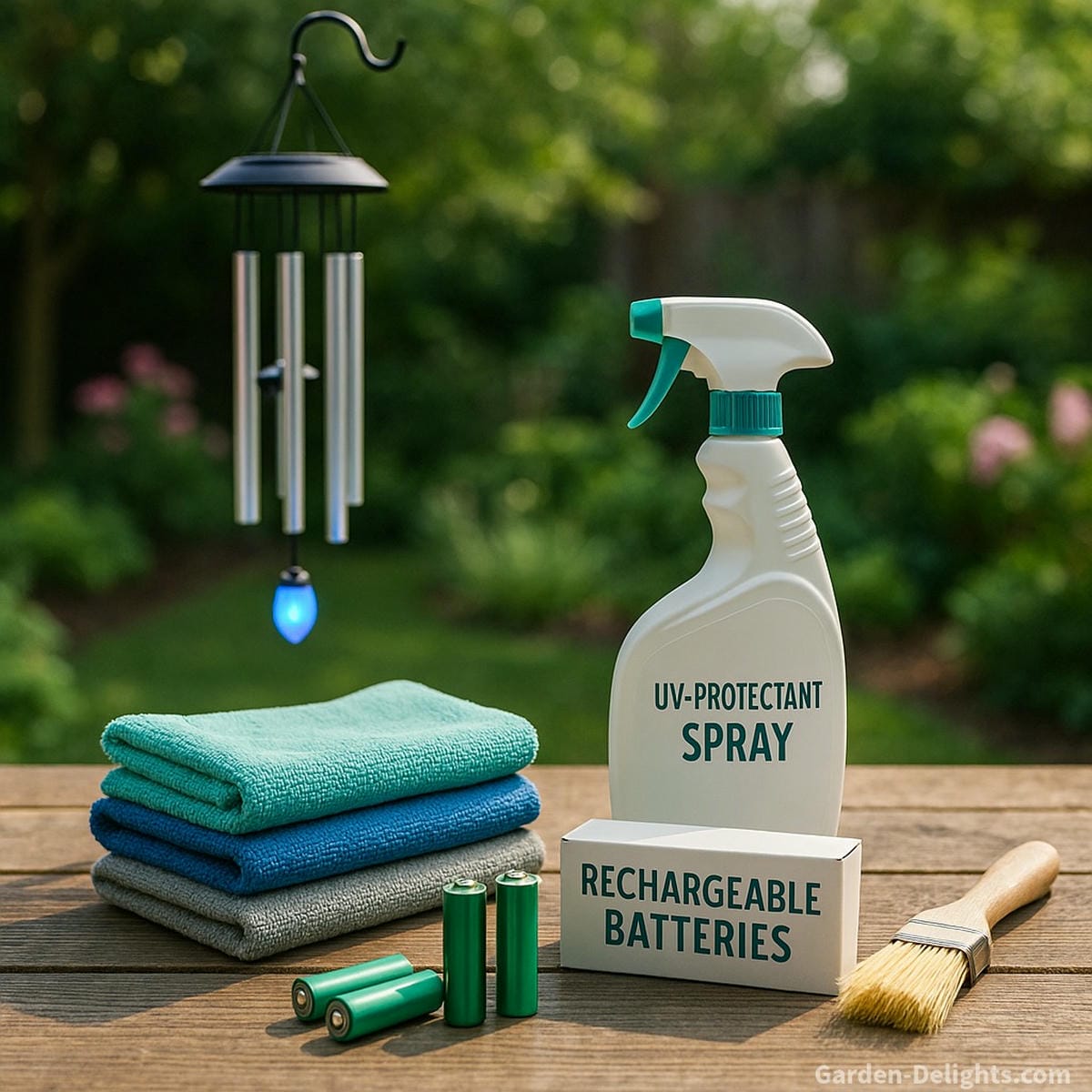 Microfiber cloths, UV-safe sprays, rechargeable batteries, and gentle tools displayed with electric wind chimes in a serene garden workstation for cleaning, maintenance, and protection of LED glow and programmable tones.