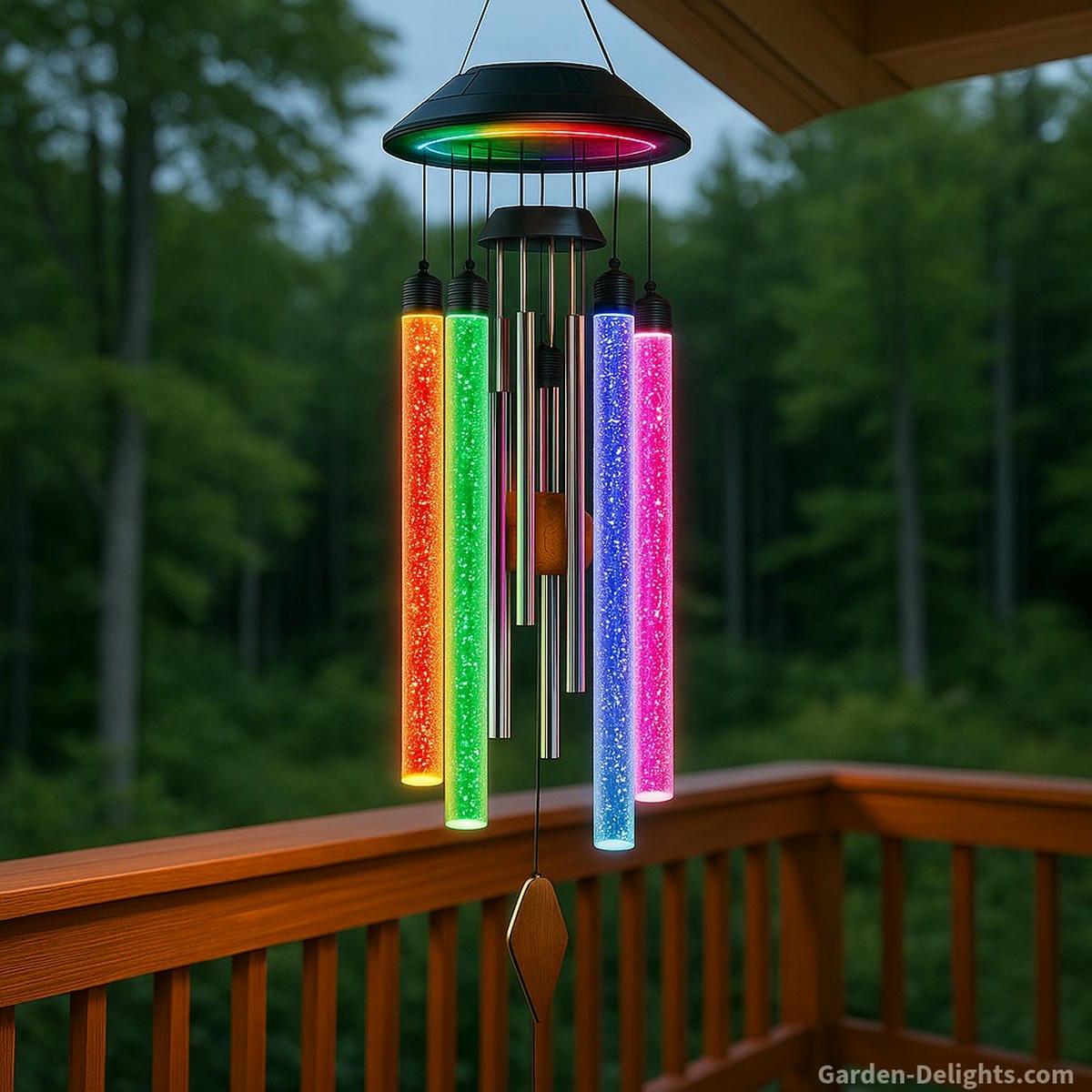 electric wind chimes on balcony with LED glow