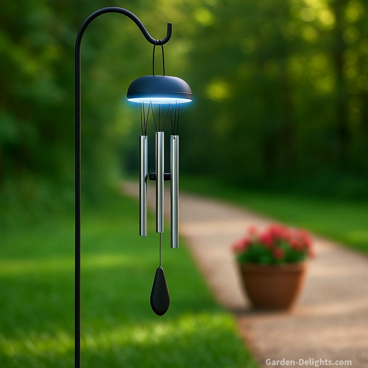 Electric wind chime hanging on a black shepherd’s hook beside a stone walkway in a lush garden, glowing softly with LED lights, Bluetooth-enabled sound, and battery-powered serenity for peaceful ambiance