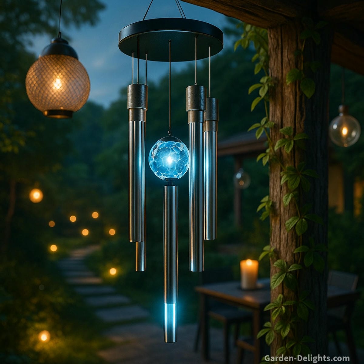 electric wind chimes with solar LED lights in garden