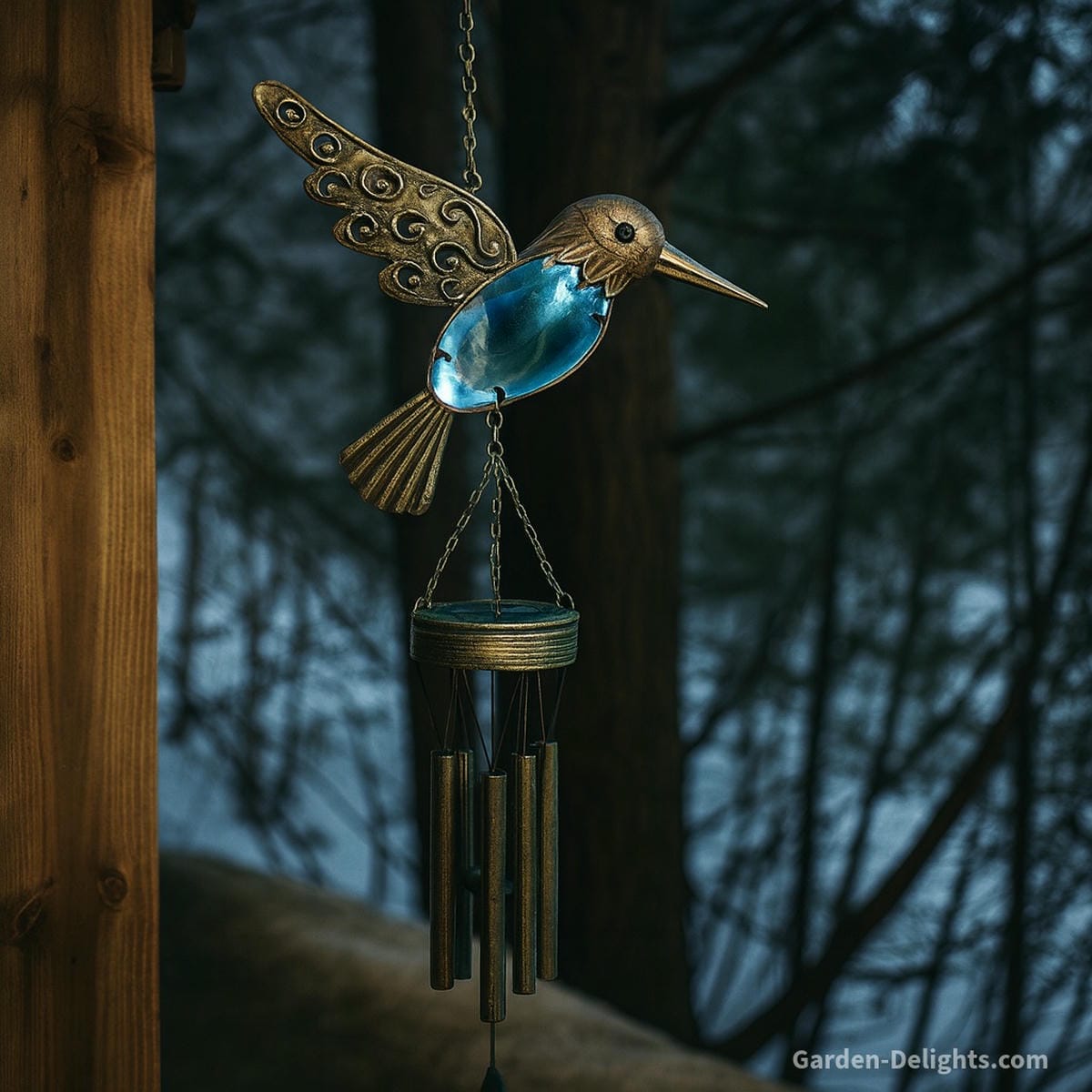 Electric wind chimes glowing with color-changing LED lights above a wooden patio garden at night, featuring multicolor illumination, adjustable sound settings, and weatherproof design for modern decor and serenity