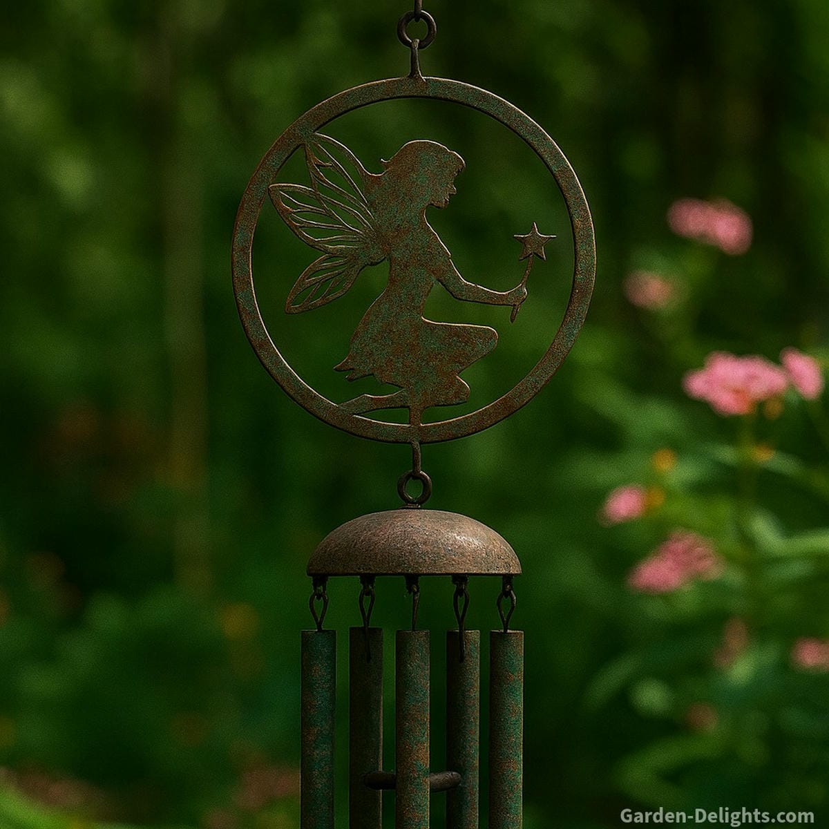 Rustic deep-tone fairy wind chime with a metal silhouette fairy holding a star wand, verdigris-finished aluminum tubes, and floral sail, symbolizing enchantment, healing harmony, and year-round garden serenity in flowerbeds or memorial gardens