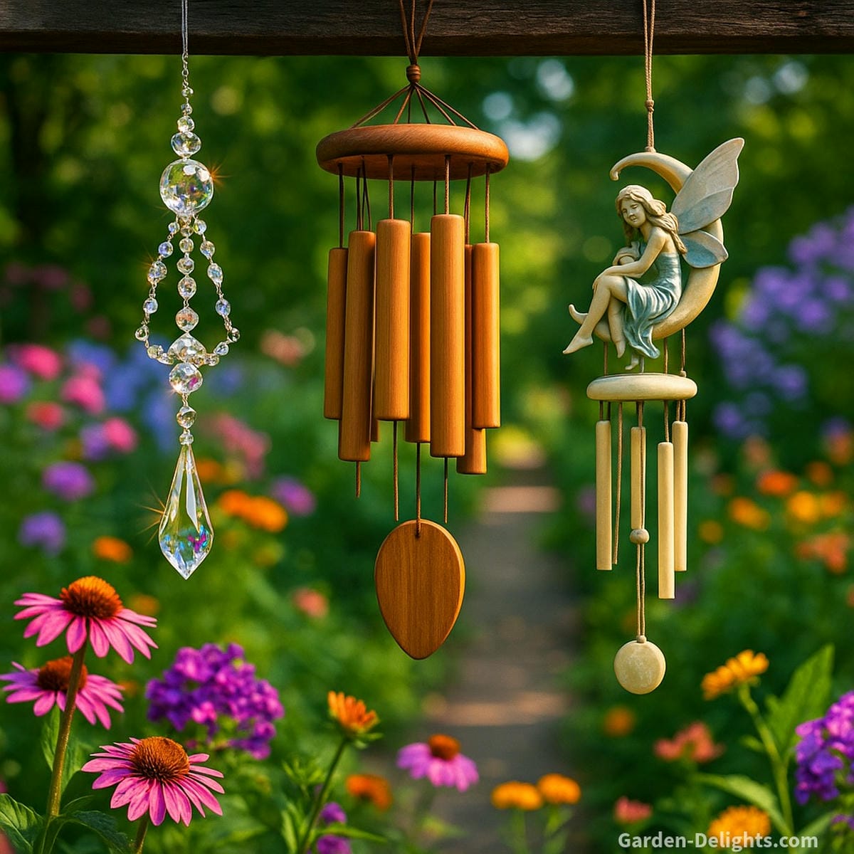 Fairy wind chimes in crystal sun-catcher, bamboo tubes, and resin fairy figure designs hanging together in a vibrant flower garden, shimmering in sunlight and tuned for magical melodies, peaceful tones, and whimsical outdoor décor