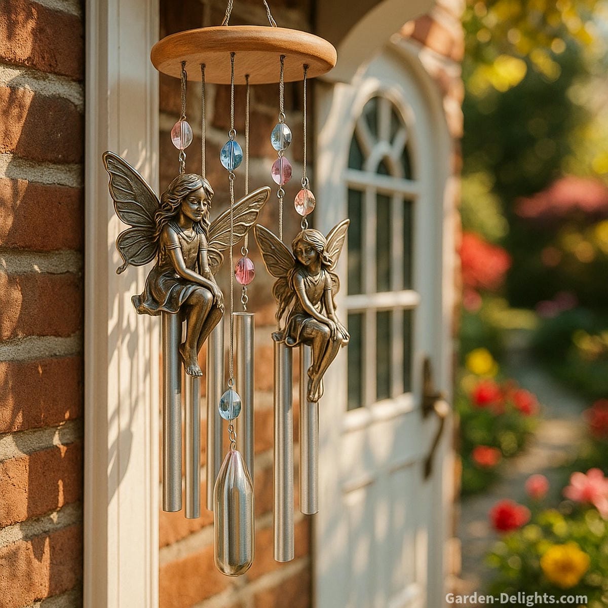 Fairy wind chimes with colorful accents sway in a peaceful Feng Shui garden, surrounded by chakra stones, bamboo, and blooming flowers to enhance emotional healing and positive chi flow