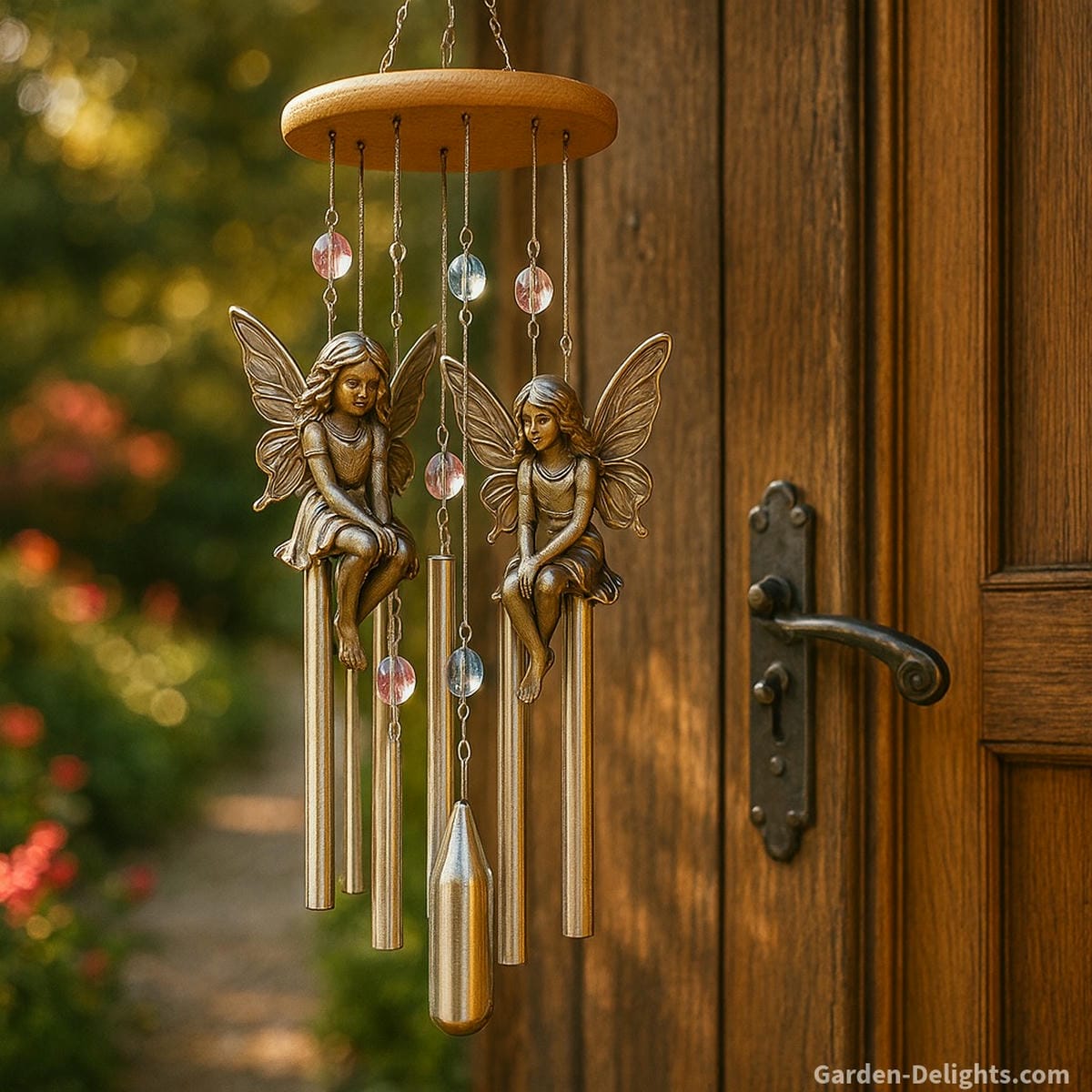 fairy wind chimes glowing in garden setting with LED light