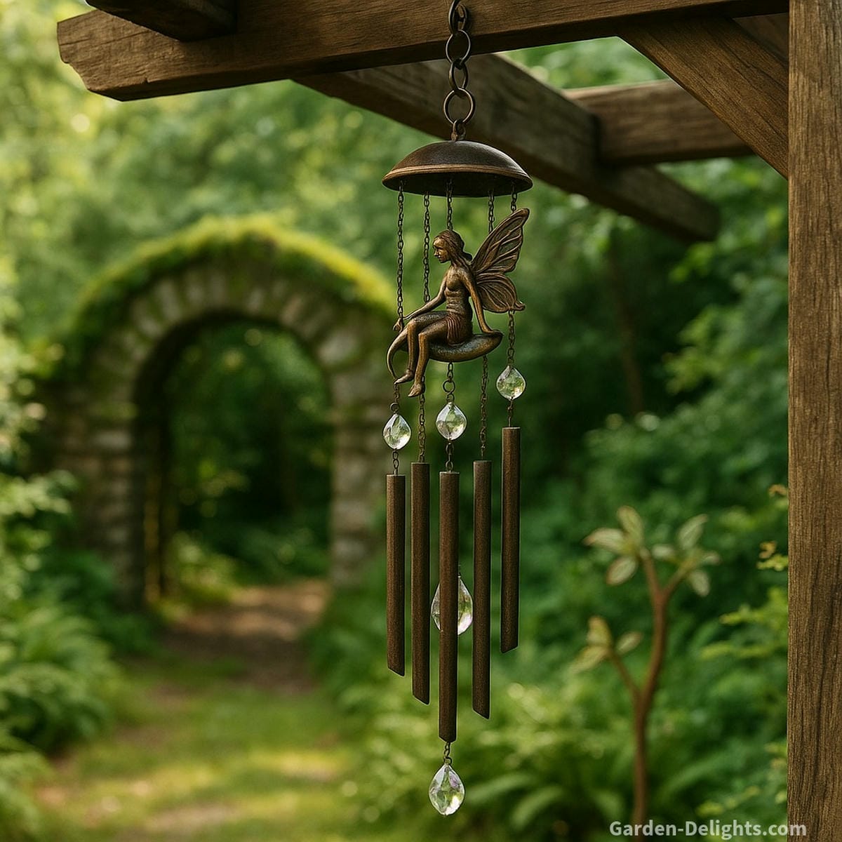 Fairy wind chime with crystal prisms swaying from a pergola beam in a whimsical garden, with a moss-covered stone archway softly blurred in the distance for an enchanted fairytale backdrop