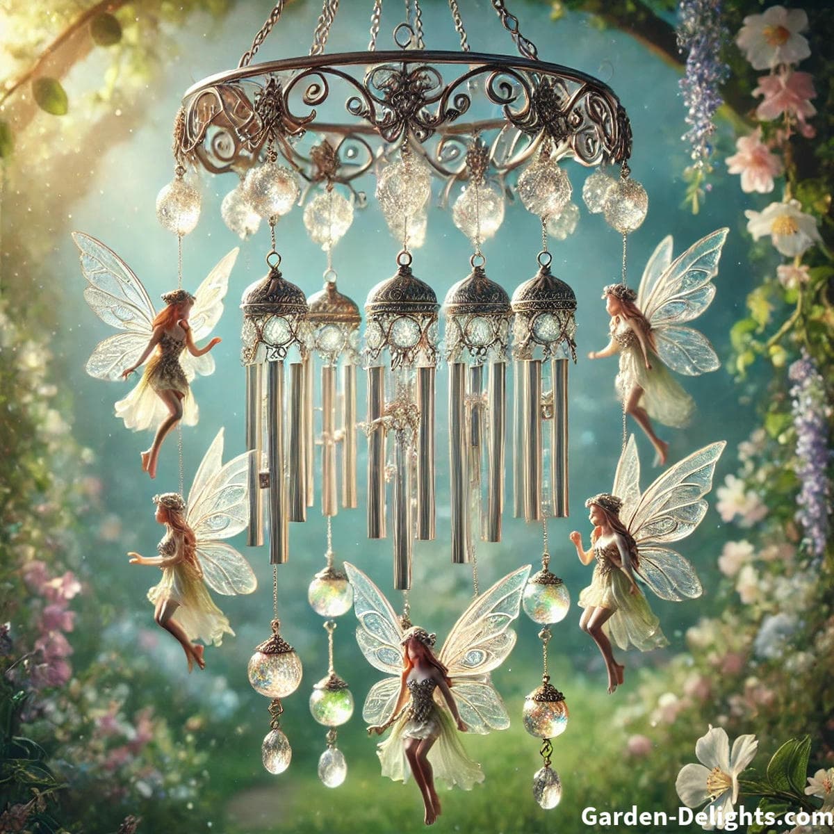 Fairy wind chimes with translucent wings shimmering in garden light bringing enchanted tone gentle movement and magical outdoor charm