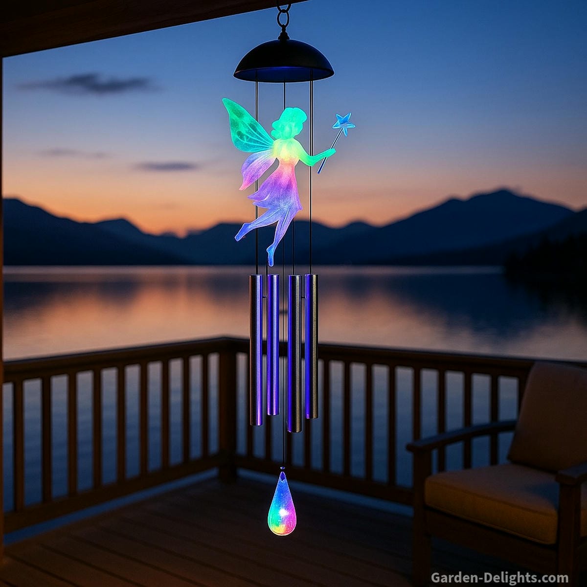 Solar fairy wind chimes hanging from a rustic patio beam overlooking a tranquil lake and distant mountain range at golden-hour twilight, with the entire fairy figure glowing in multiple colors and hand-tuned aluminum tubes casting melodic tones; an enchanting garden décor accent for romantic lakeside evenings, peaceful memorial spaces, and year-round outdoor serenity