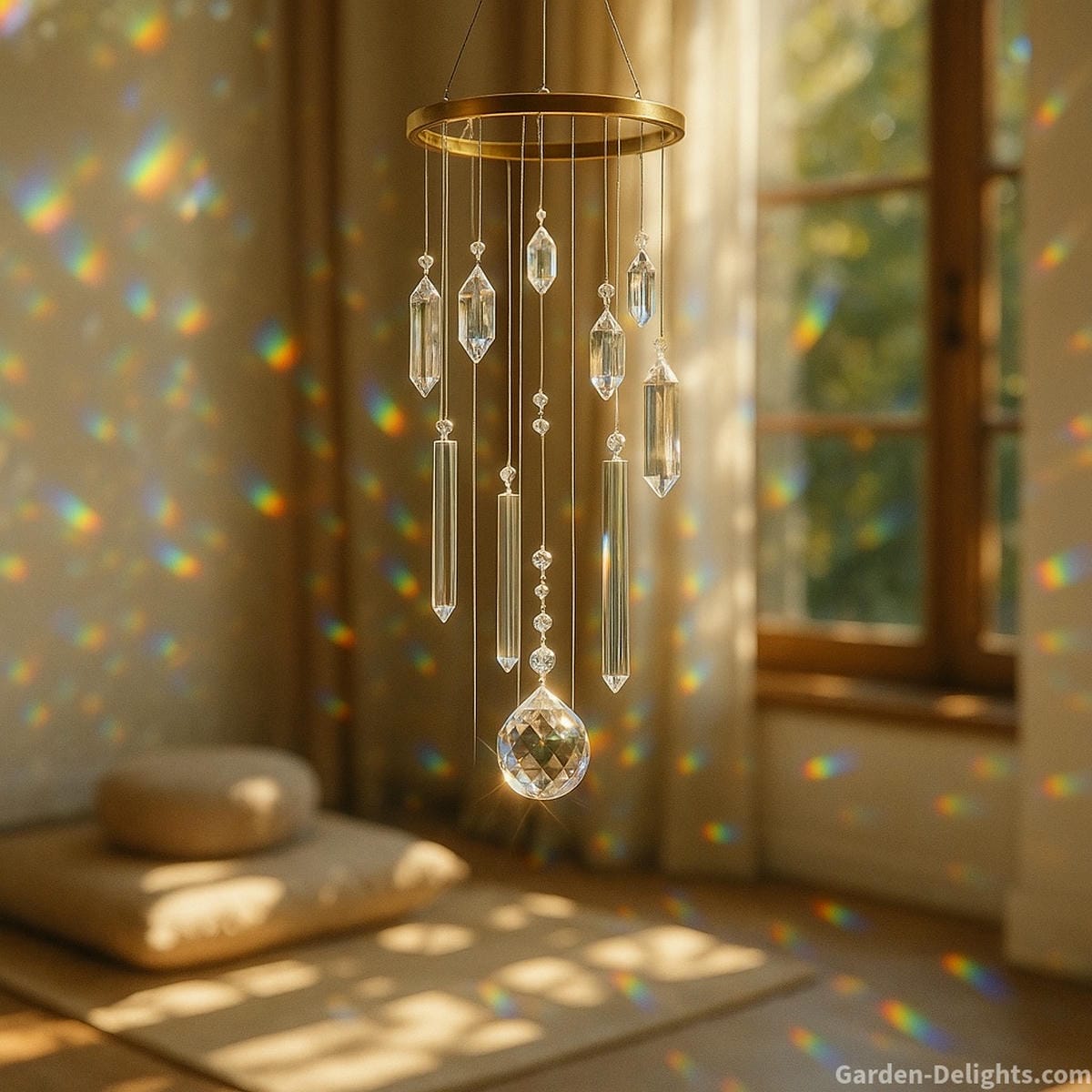 Crystal Feng Shui wind chimes sparkling with prism light in a sunlit meditation room used for emotional clarity, intuition, and Southwest love corner energy