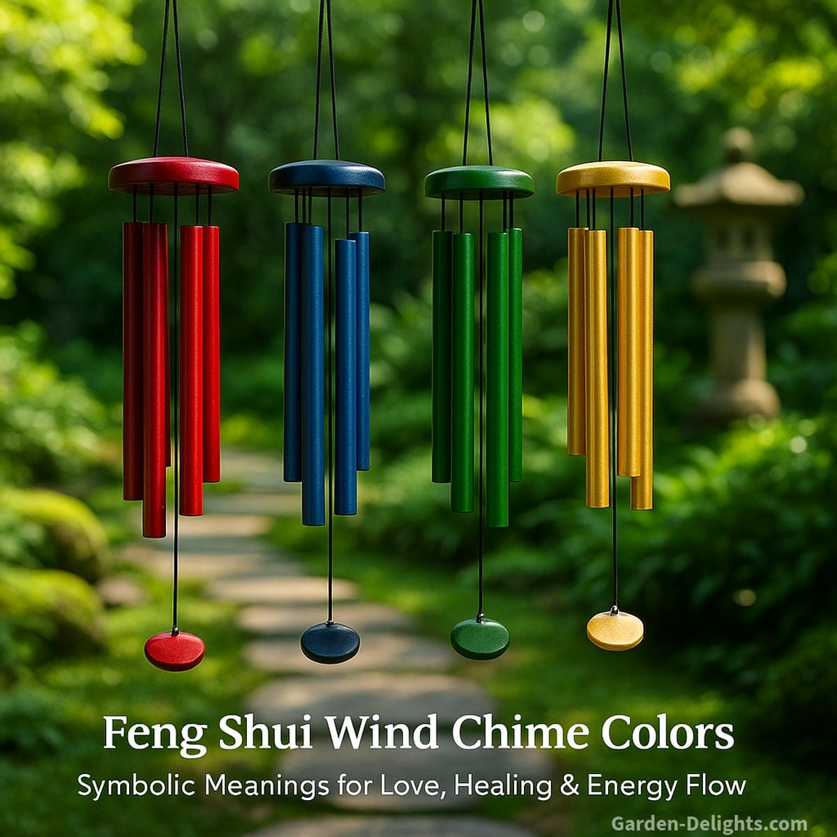 Colorful Feng Shui wind chimes in red, blue, green, and gold each symbolizing emotional energy and spiritual meaning for healing, love, and prosperity placement in Bagua zones