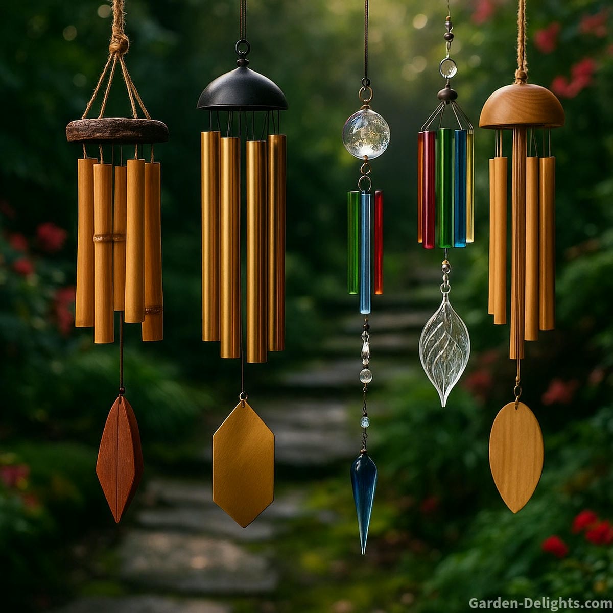 Feng Shui wind chimes in a Zen garden bamboo, metal, and crystal chimes in symbolic colors and rod counts to activate Chi, align Bagua zones, and attract wealth, love, healing, and spiritual clarity