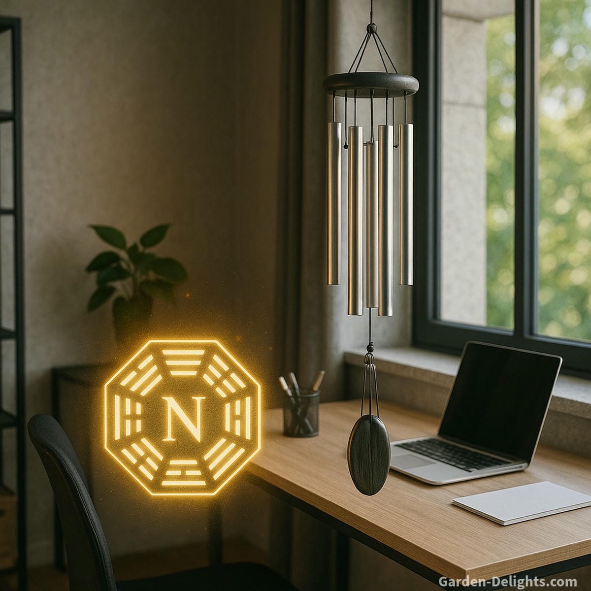 Six-rod metal Feng Shui wind chime hanging near a modern office desk in the north Bagua zone symbolizing career success, business growth, and clarity through sound vibration and directional placement