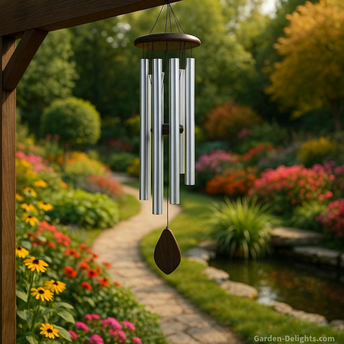 feng shui wind chimes near koi pond garden