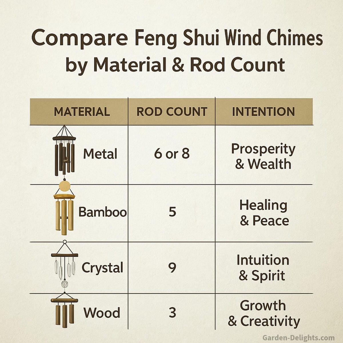 Feng Shui wind chimes pairing chart with bamboo, metal, and crystal chimes matched by rod count and Bagua zone for wealth, healing, love, and spiritual energy flow