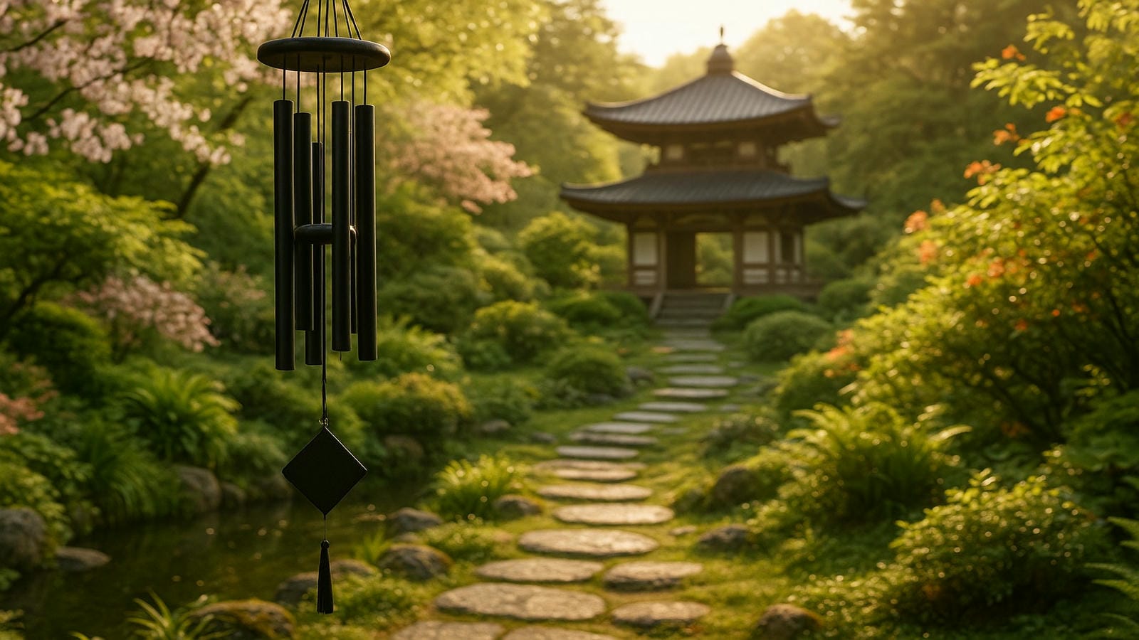 Feng Shui wind chimes swaying in a Zen garden with a stone path leading to a Japanese temple symbolizing Chi energy flow, prosperity activation, spiritual balance, and emotional harmony through sound and placement
