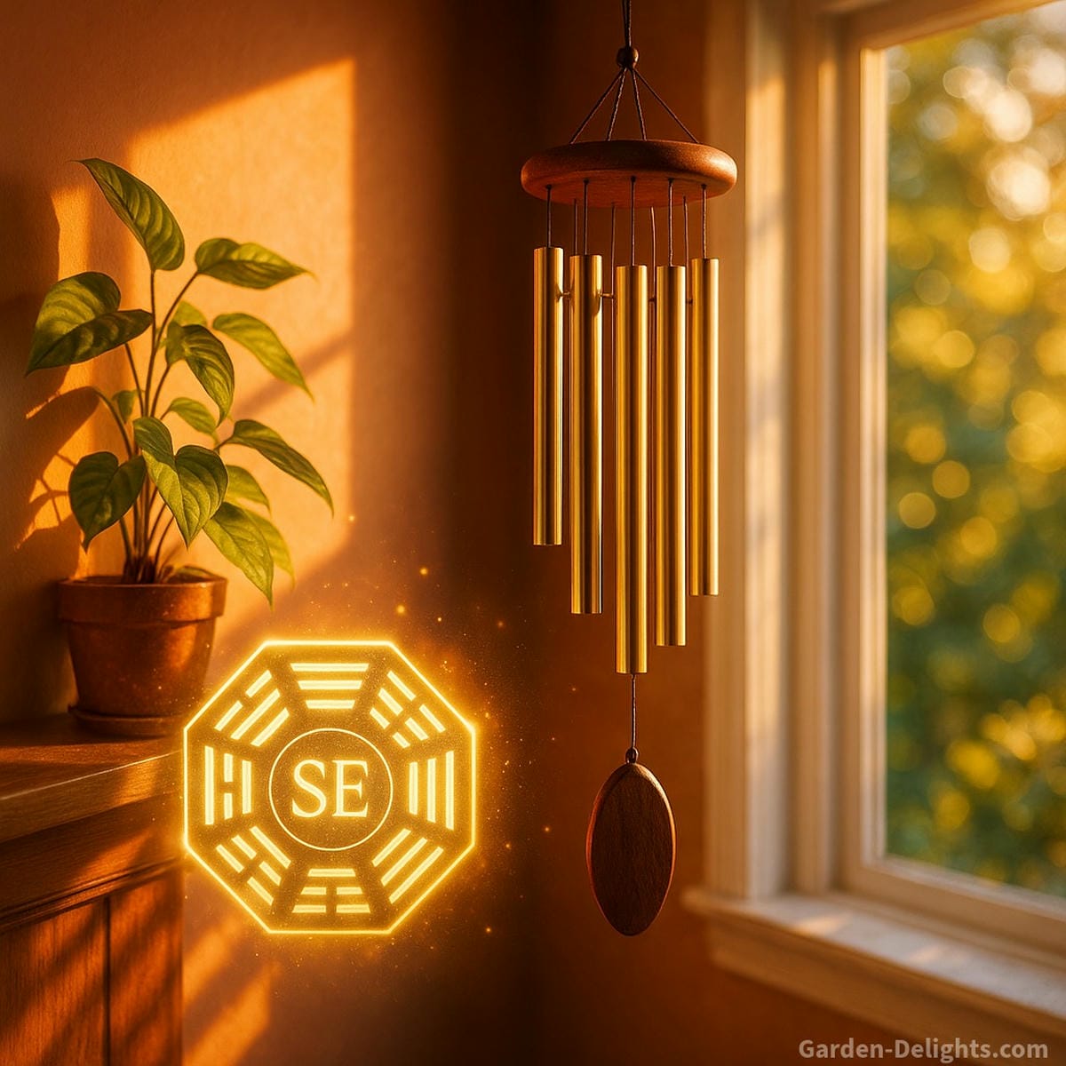 Feng Shui wind chime for wealth and career energy placed in a sunlit room metal rods aligned to the southeast Bagua corner, symbolizing prosperity flow, clarity, and spiritual abundance