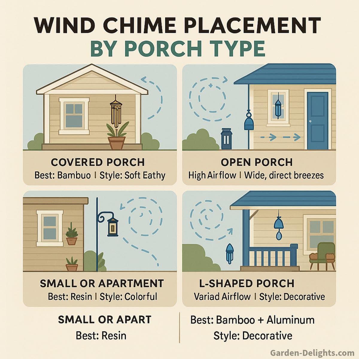Infographic comparing wind chime placement on covered, open, small, and L-shaped porches—showing airflow zones, mounting options, and ideal chime materials like aluminum, bamboo, resin, and glass.