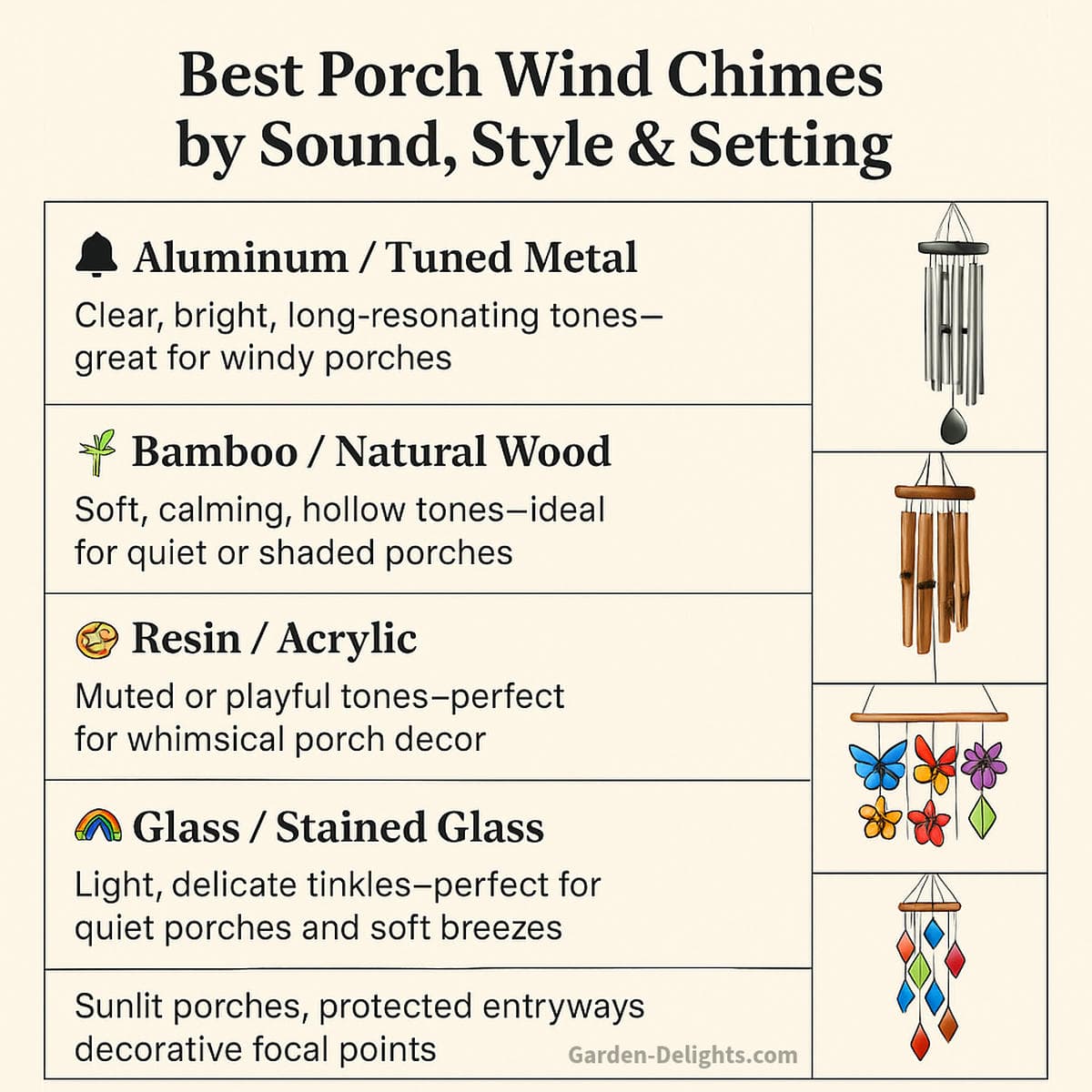 Comparison chart of best porch wind chimes by material aluminum bamboo resin and glass with tone quality airflow placement tips and style suggestions for calm entryways cozy porches and covered patios