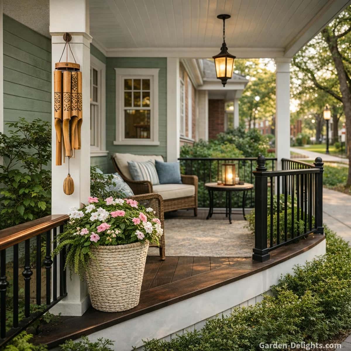 Bamboo wind chime on a calm seafoam front porch beside a bright flower planter where gentle airflow shapes quiet tone, soft rhythm and a peaceful welcoming entry for shared living spaces