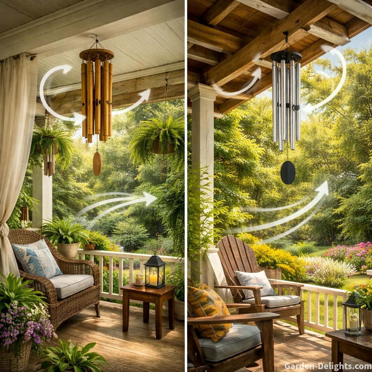 Wind chimes placed on both a covered porch with soft airflow under the eaves and an open porch with bright cross breeze tone projection