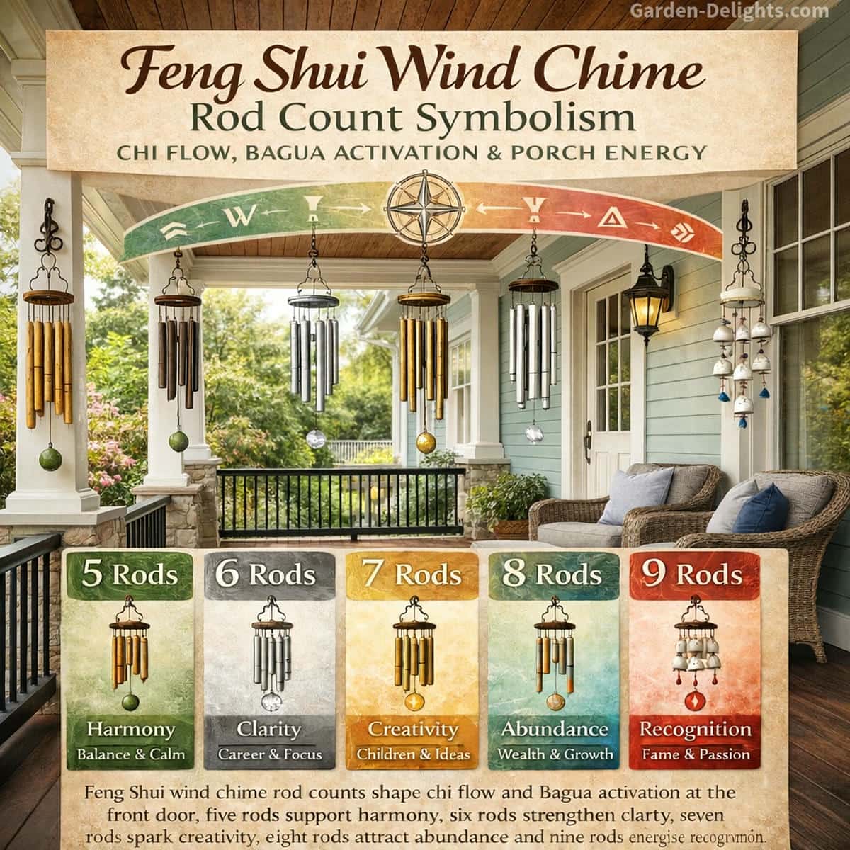 Feng Shui rod count symbolism infographic displayed on a mint green front porch with white trim, light brown wicker chairs and black railing featuring 5, 6, 7, 8 and 9 rod wind chimes aligned with Bagua directions for chi flow, elemental harmony and welcoming entry energy