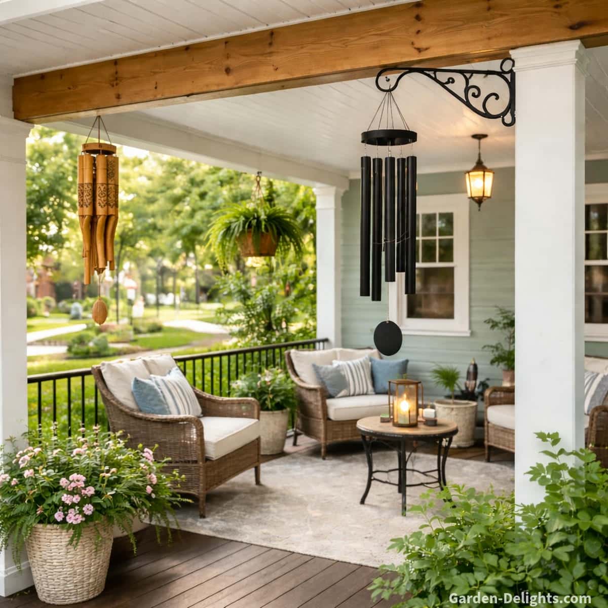 Front porch pine beam with bamboo and aluminum wind chimes hung at eye level showing smooth airflow movement and safe swing clearance