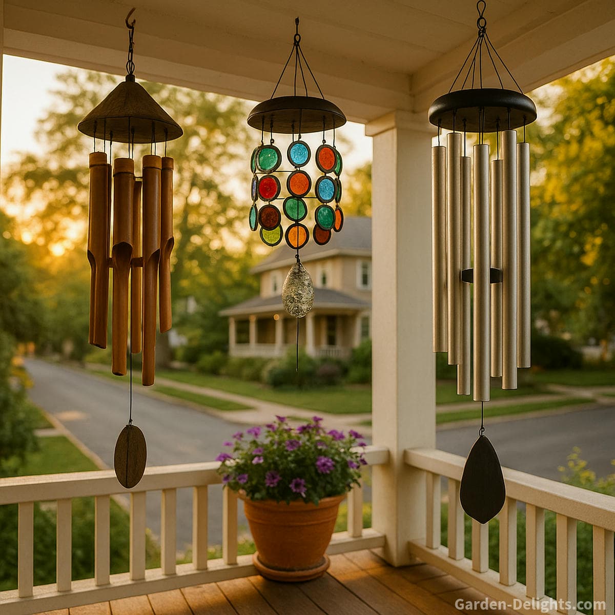Front porch wind chimes on a small cozy porch with bamboo and aluminum chimes creating gentle relaxing tones, calm airflow movement and inviting entry ambience with soft evening lighting for peaceful outdoor decor