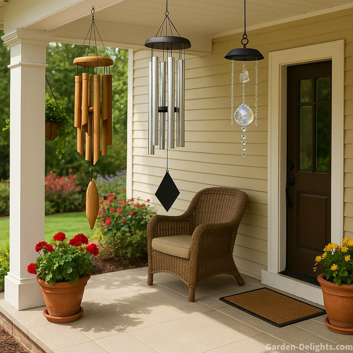 front porch wind chimes with bamboo aluminum and crystal styles creating soft tone and welcoming entry
