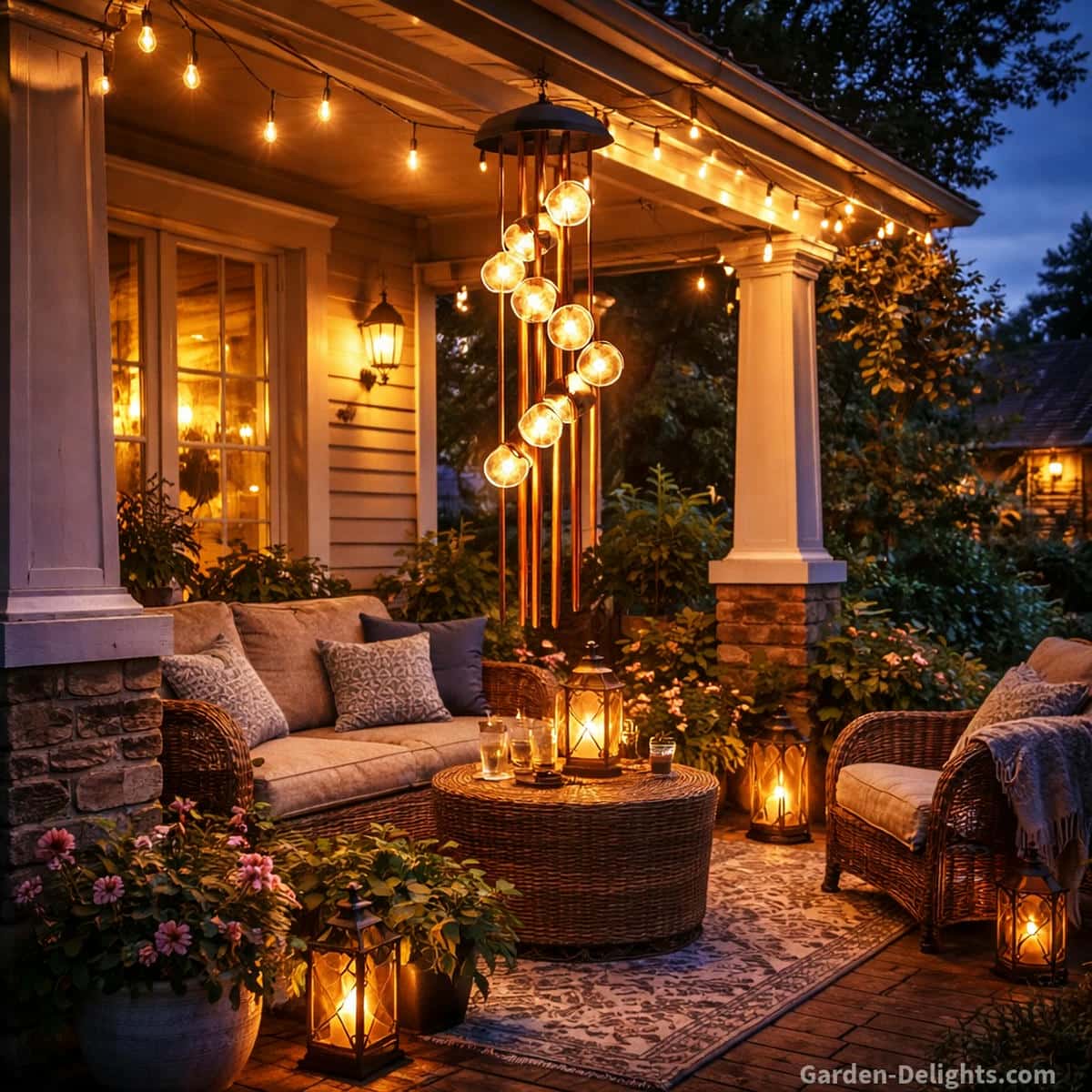 Solar wind chimes glowing at night with improved LED brightness after better charging placement near porch edges and reflective walls