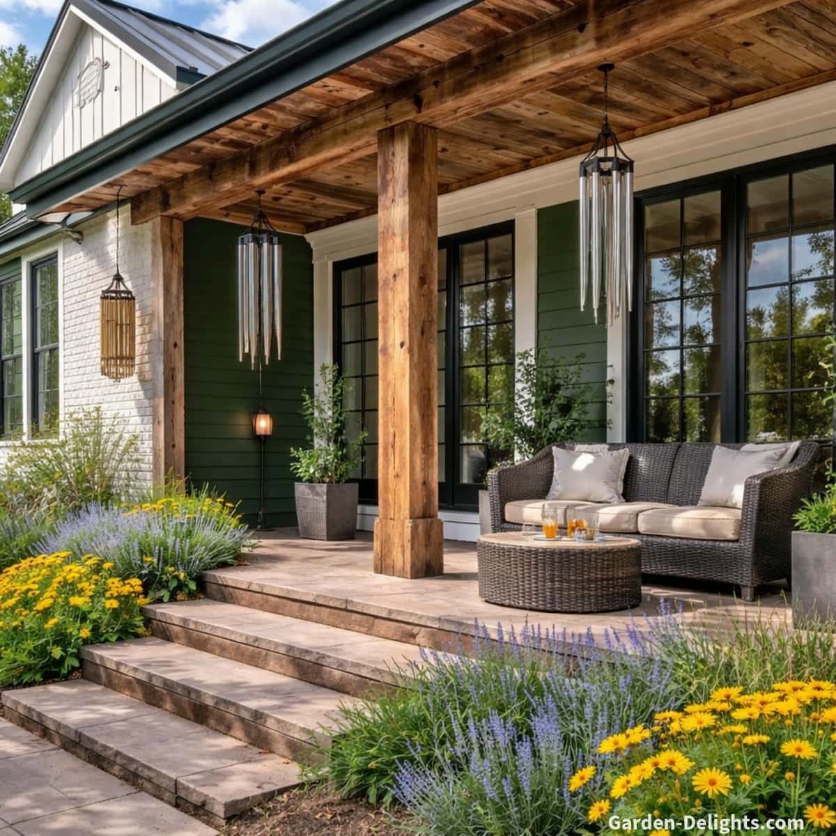 Modern dark green front porch with a tall aluminum wind chime for bright resonant tone and a small bamboo wind chime for soft calming sound hung near wicker seating with yellow and blue flowers showing airflow movement and porch acoustic behavior