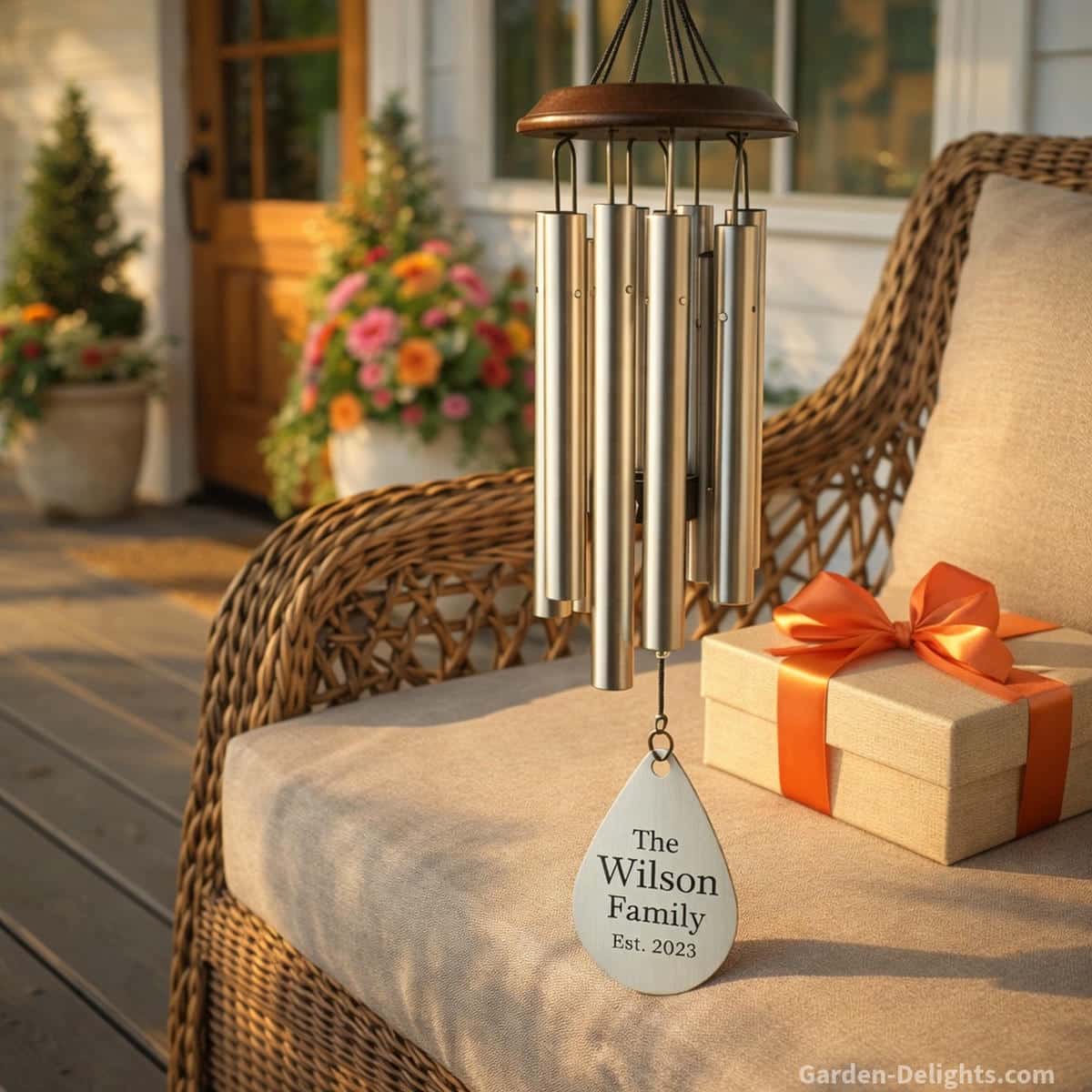 Personalized metal porch wind chime with engraved family name resting on a porch bench beside a wrapped gift box in warm morning light that creates soft tone movement and welcoming entry charm
