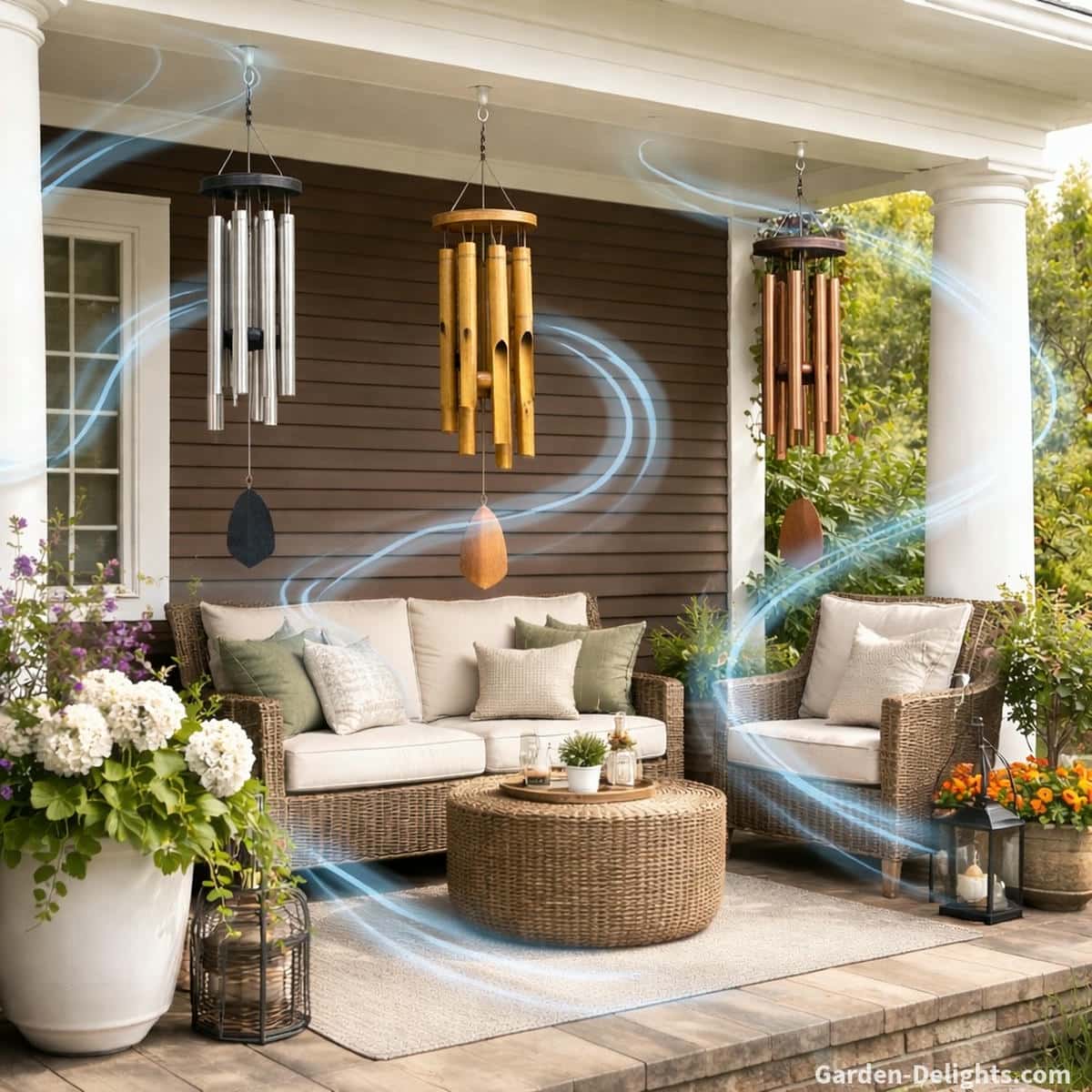 Front porch wind chimes with airflow currents shown moving around aluminum, bamboo and copper chimes to demonstrate tone clarity, airflow tuning and harmonic resonance