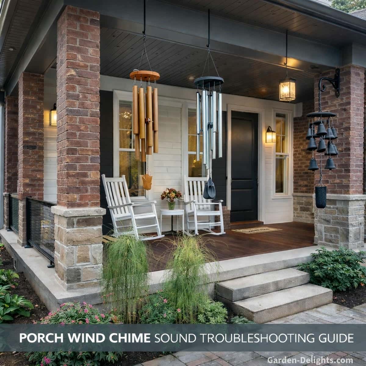 Front porch wind chimes arranged for airflow control with bamboo, aluminum and resin designs and the resin chime mounted on a decorative hook to reduce excess noise and create calm steady movement