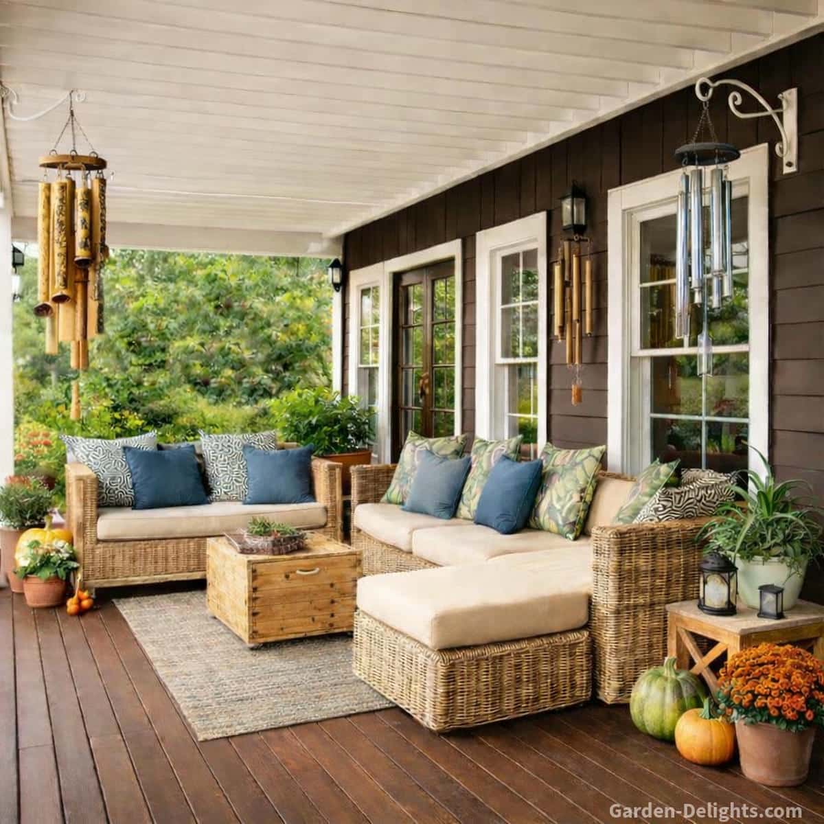 front porch styling with wind chimes and decor
