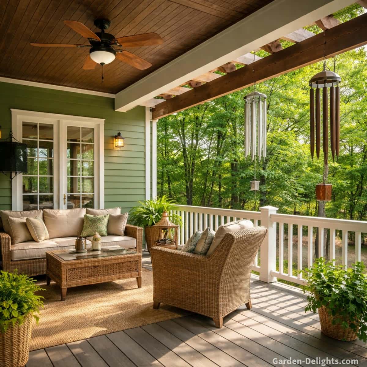 Aluminum and coated porch wind chimes hanging from cross beams on a hunter green front porch with wicker seating wood tone ceiling and calm airflow for clear tone and long lasting outdoor durability