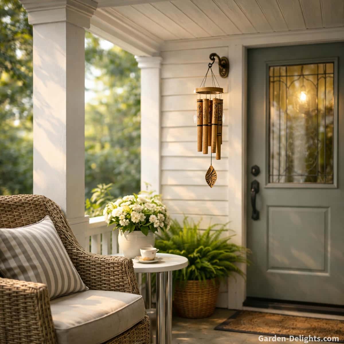 Decorative bamboo wind chimes with engraved detail hanging beside a small front porch entry with soft tone and peaceful airflow