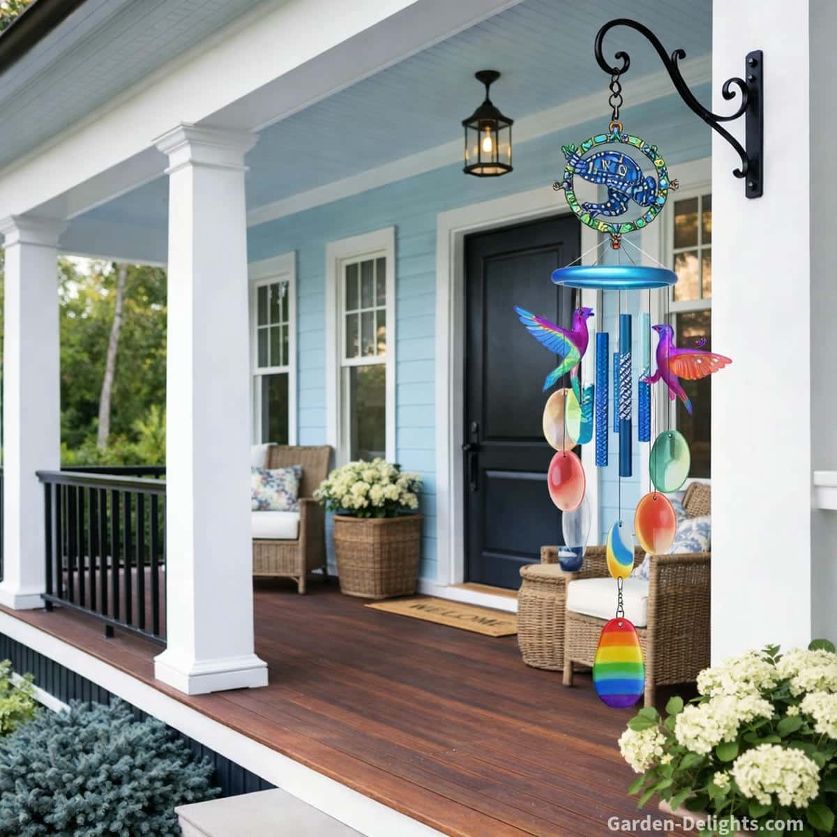 Colorful resin porch wind chime with hummingbirds turtle compass topper and bright resin discs hanging beside a light blue front porch with wicker seating soft airflow tone and cheerful curb appeal