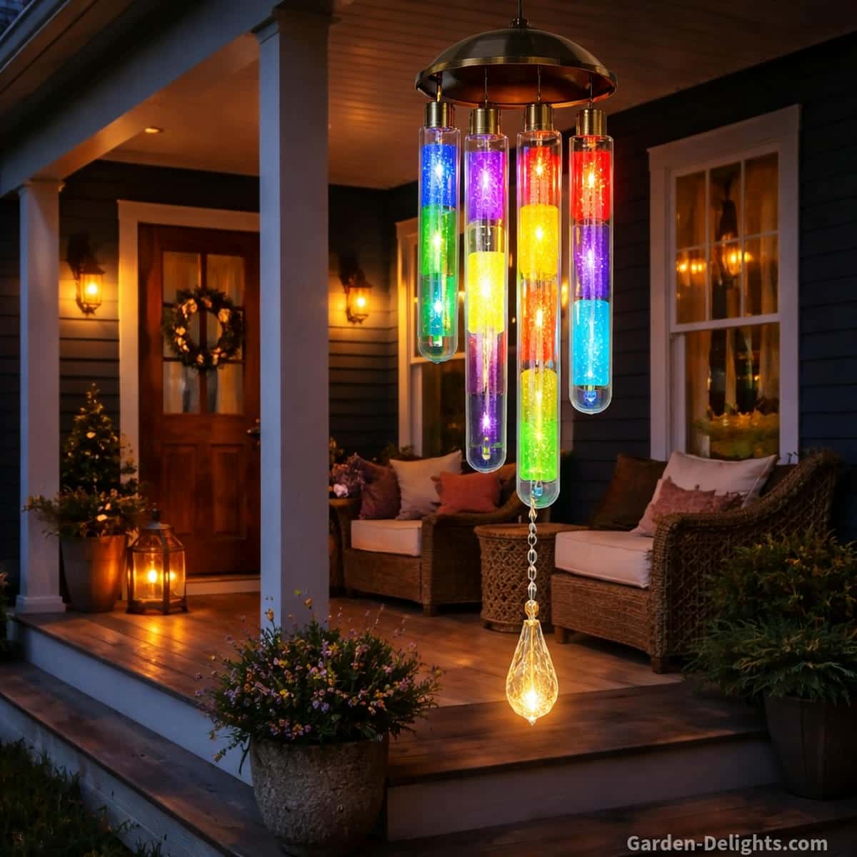 Solar porch wind chimes glowing with warm LED light beside a cozy front porch seating area with soft airflow movement and evening calm