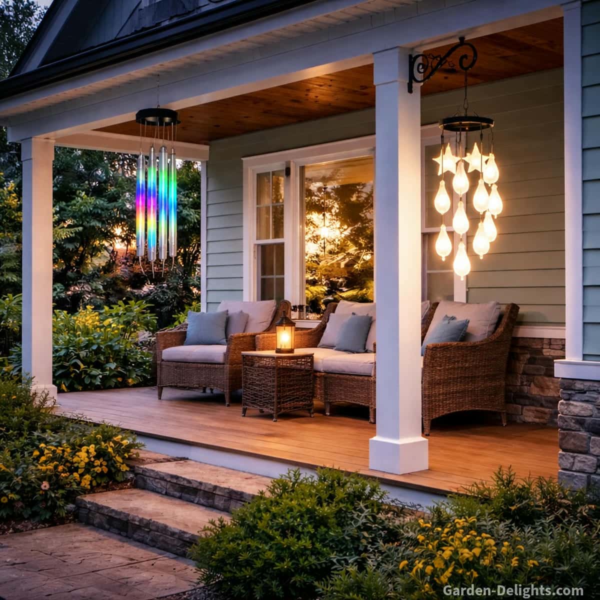 Solar porch wind chimes glowing with warm white and color changing LED lights on a mint green front porch with wicker seating and gentle airflow that supports stronger solar charging and peaceful evening ambience