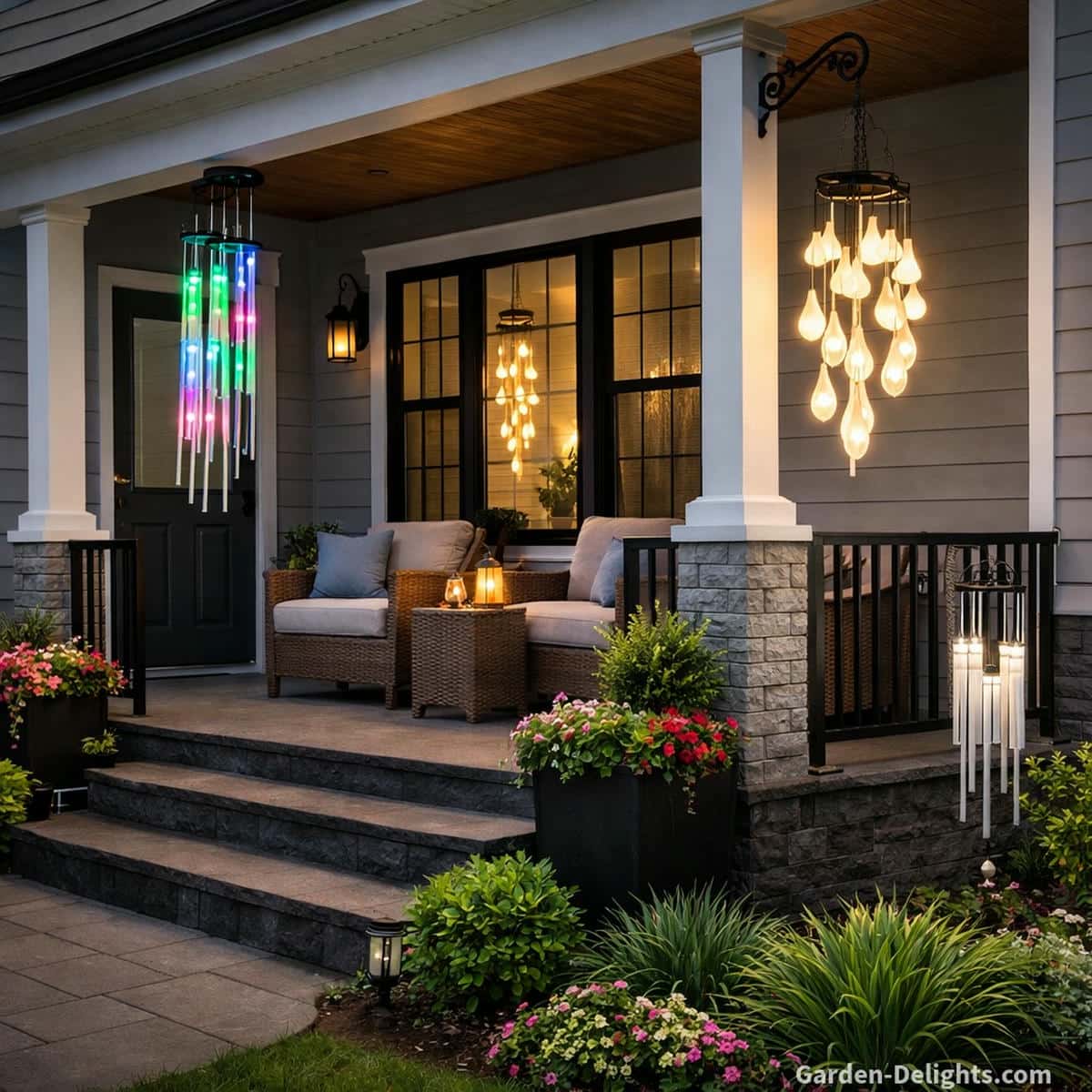 Shaded front porch with solar wind chimes glowing under the roofline where indirect sunlight, soft airflow and covered porch design support low light charging and warm evening illumination