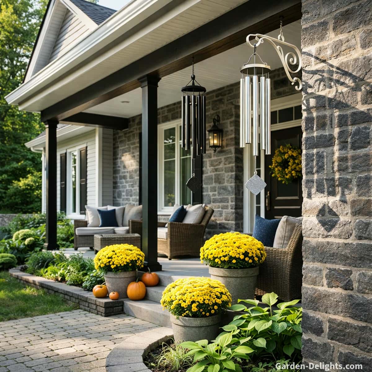 UV resistant aluminum wind chime on a white decorative mounting bracket with a secure base and a powder coated wind chime placed near a black porch post on a dark grey stone front porch with yellow mums wicker seating and warm sunlight that supports long lasting color and tone clarity