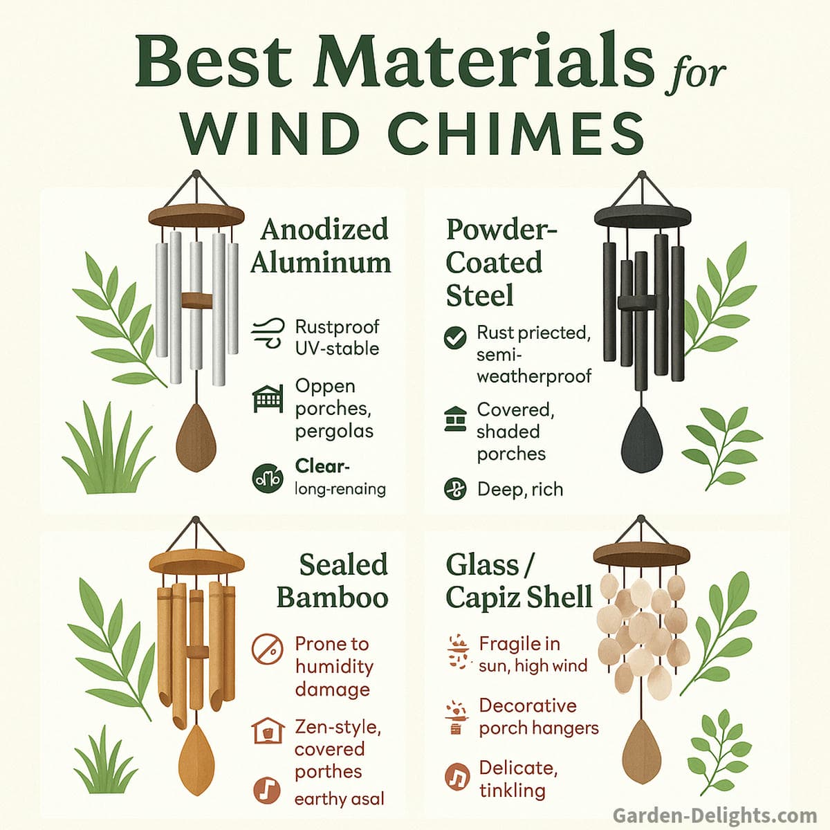 Infographic comparing bamboo, anodized aluminum, powder-coated steel, and capiz shell wind chimes for front porch and garden use—showing tone style, weather resistance, and maintenance needs