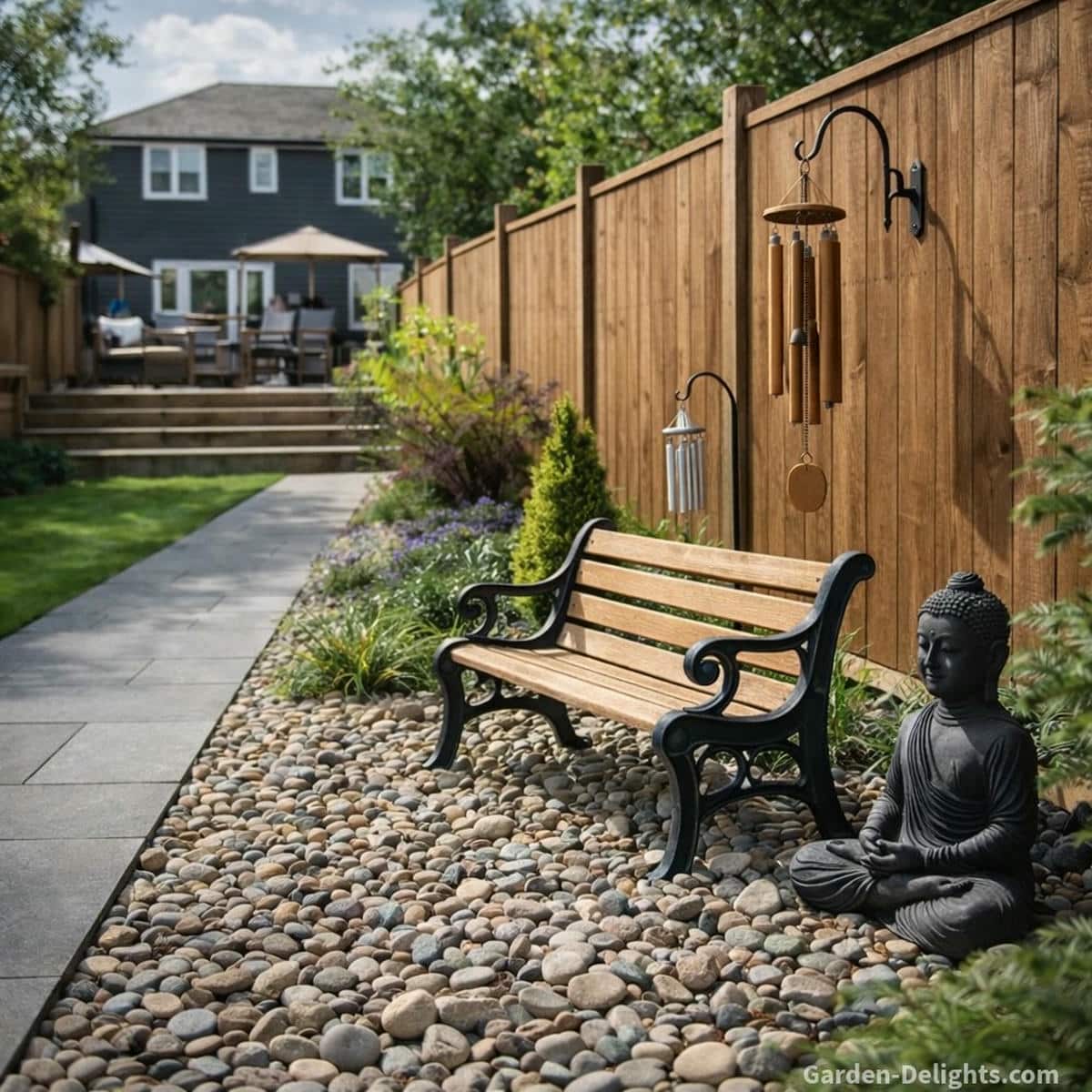 Wooden and aluminum wind chimes hanging from decorative hooks beside a cedar garden fence with a small park bench and Buddha statue in a calm river rock meditation corner