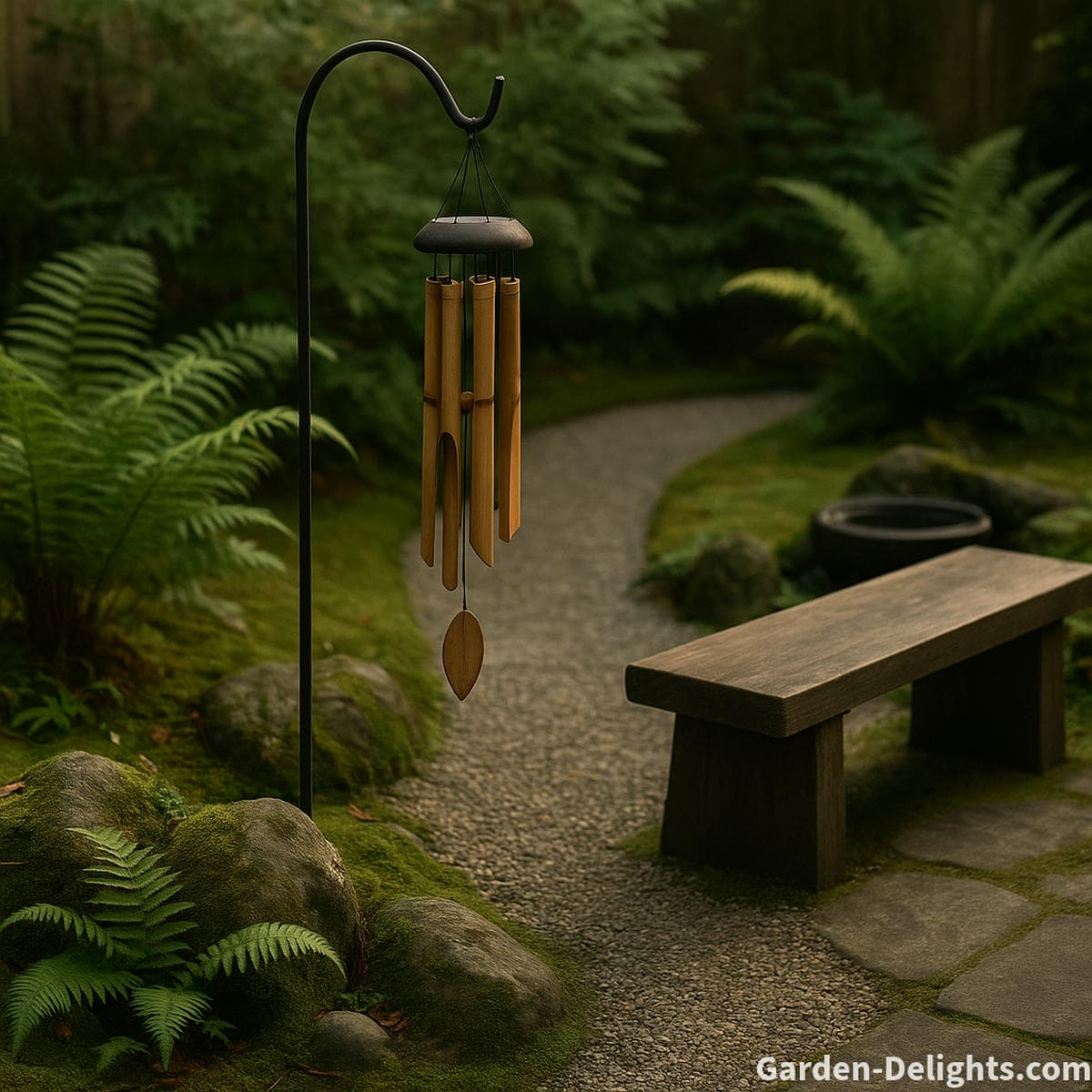 Bamboo wind chimes in a Zen style garden beside a meditation bench and gravel pathway with Feng Shui placement for sound, energy flow and peaceful outdoor decor