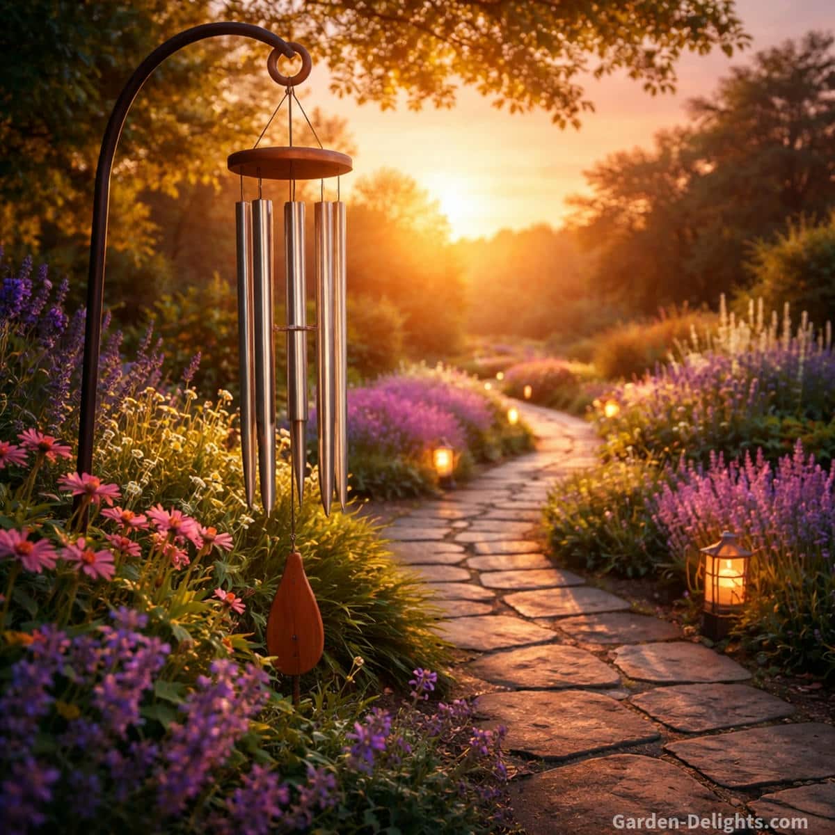 Garden wind chime beside a sunset pathway with warm light soft airflow and gentle tone that supports emotional comfort spiritual clarity and peaceful reflection in a landscaped garden
