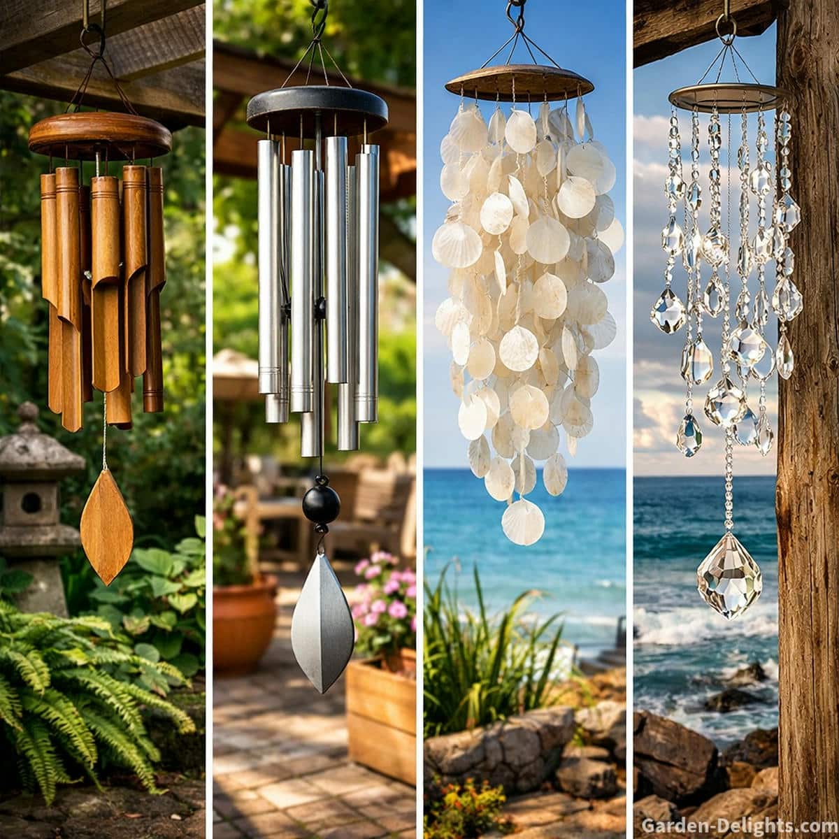 Wind chimes made from bamboo aluminum capiz and crystal displayed in shade sun and coastal gardens showing tone clarity airflow behavior and outdoor durability across different microclimates