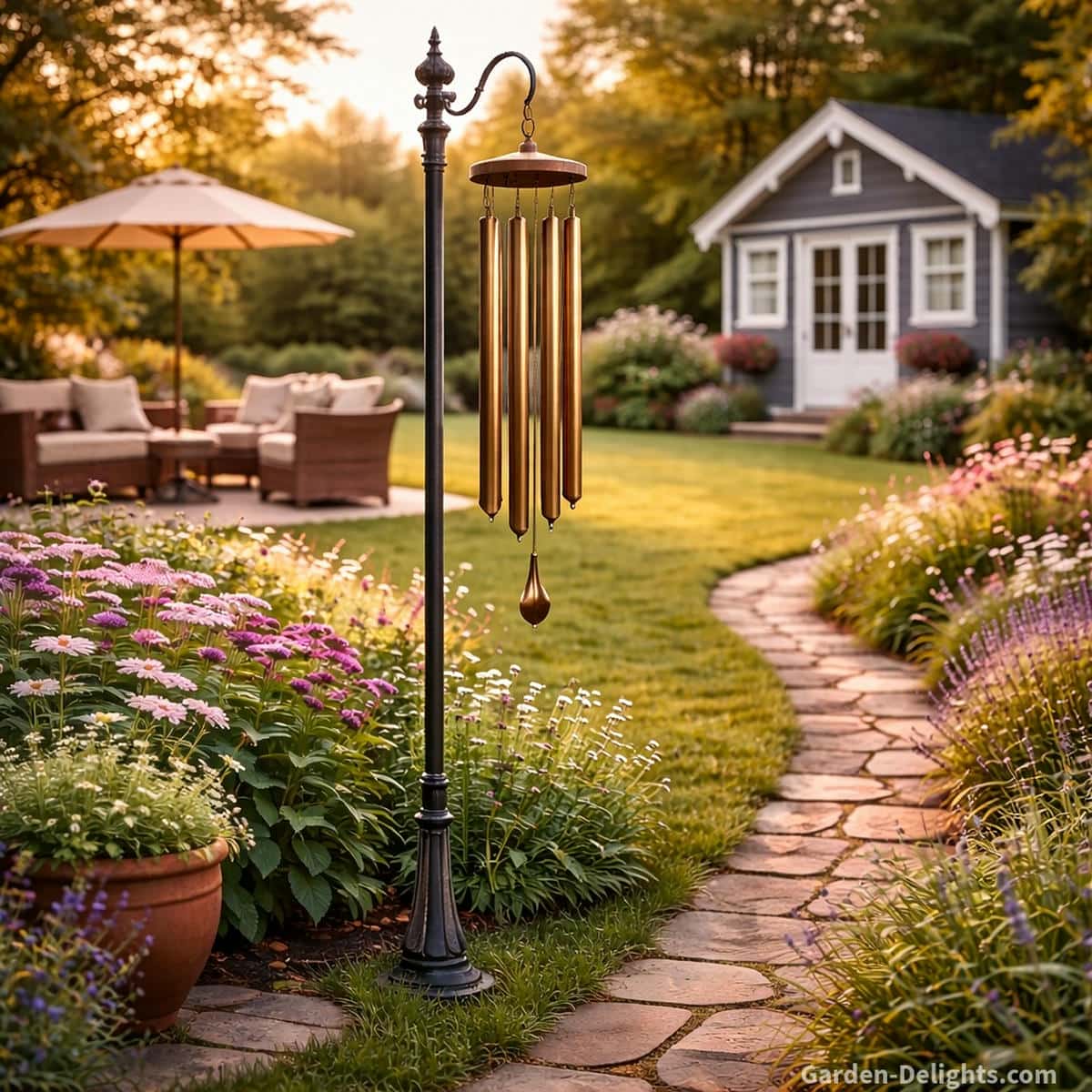 Bronze wind chime hanging from a decorative garden pole beside a stone garden pathway in a landscaped backyard with flowerbeds wicker patio furniture and a custom garden shed during warm golden hour light